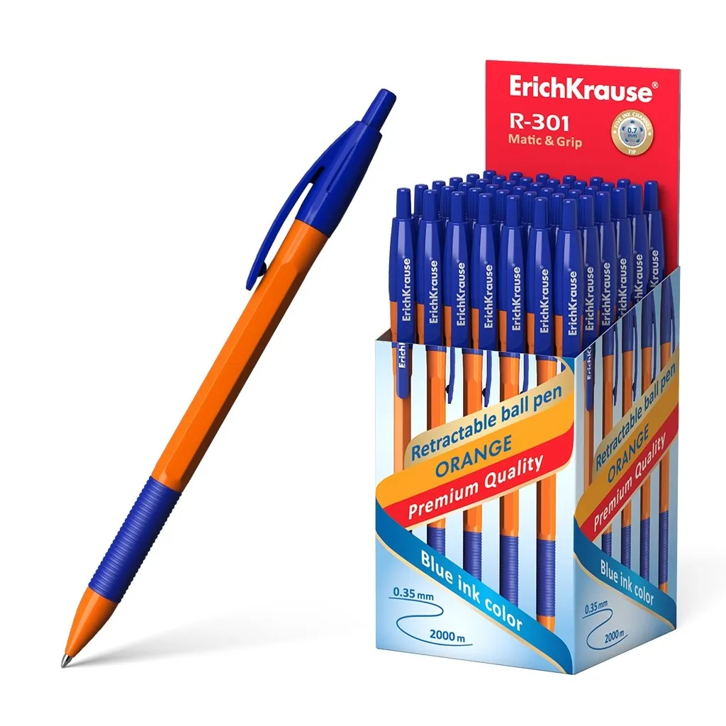Penna automatica Erichkrause R-301 Orange Matic&Grip 07 - Corpo esagonale opaco - Impugnatura in gomma - Punta 07 mm - Inchiostro ad asciugatura rapida - Colore azzurro - immagine 1
