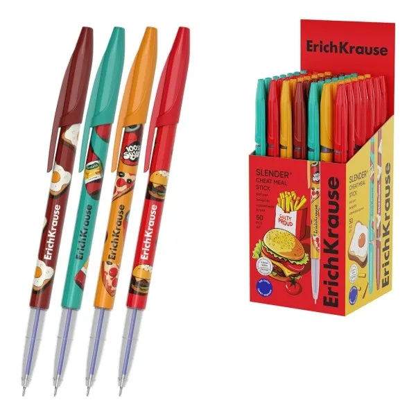 Penna a sfera ErichKrause Stick Cheat Meal con cappuccio - Modelli assortiti - Tratto da 026 mm - Inchiostro a bassa viscosità - Cappuccio ventilato - Blu - immagine 1