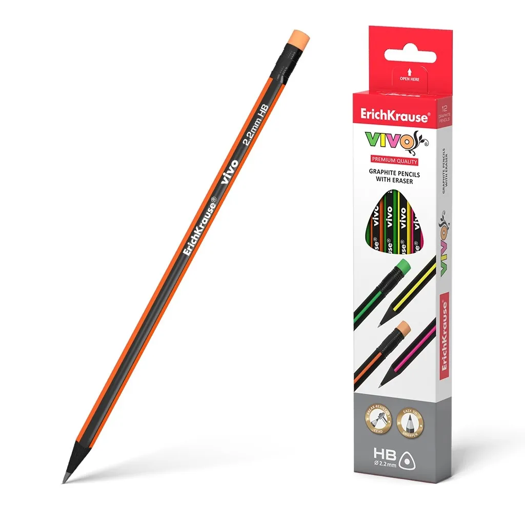 Erichkrause Vivo HB - Matita triangolare in grafite con gomma - Legno selezionato - Elevata resistenza agli urti - Facile da temperare - La mina non graffia la carta - Gomma di durezza media - Colore nero - immagine 1