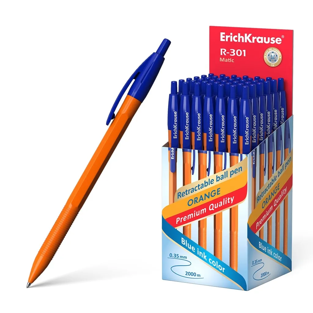 Penna automatica Erichkrause R-301 Orange Matic 07 - Corpo esagonale opaco - Impugnatura - Punta 07 mm - Inchiostro ad asciugatura rapida - Colore azzurro - immagine 1