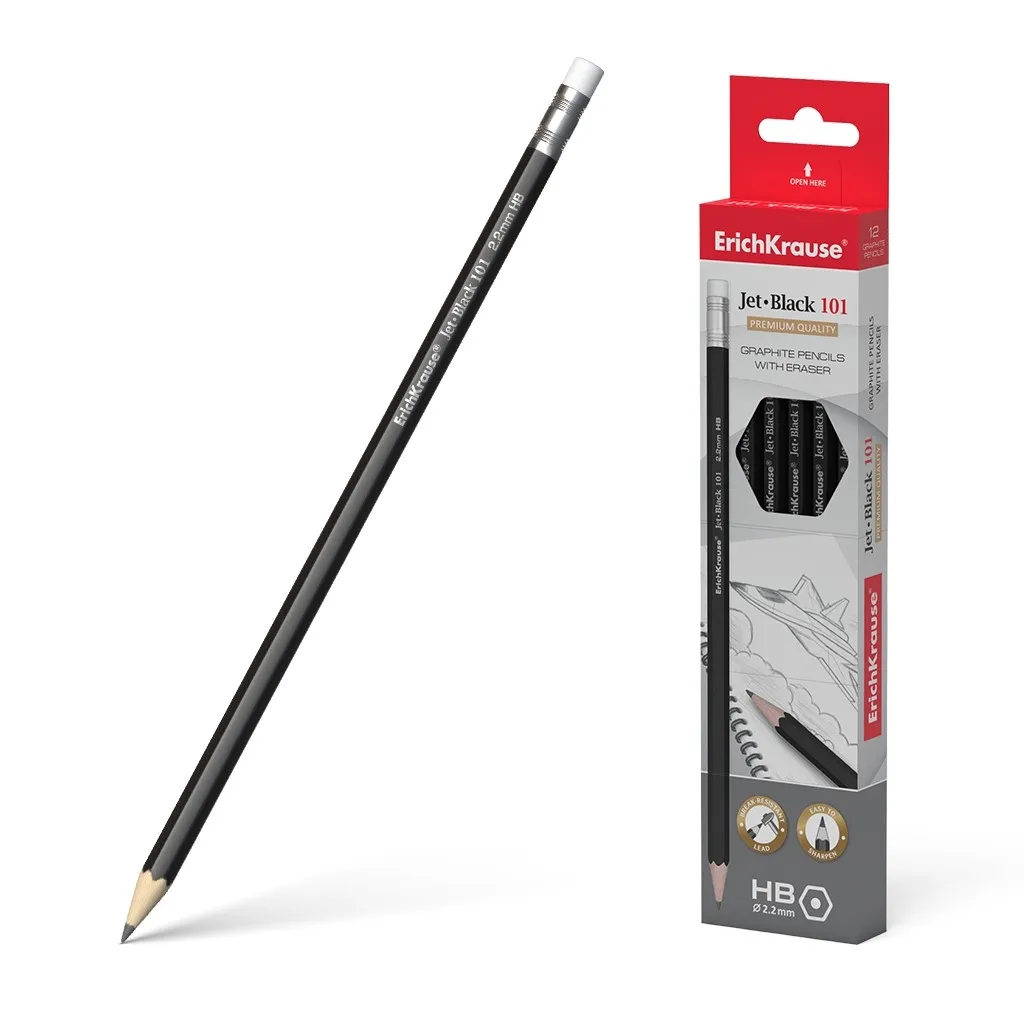 Erichkrause Jet - Matita esagonale in grafite con gomma - Resistente agli urti - Colore nero - immagine 1
