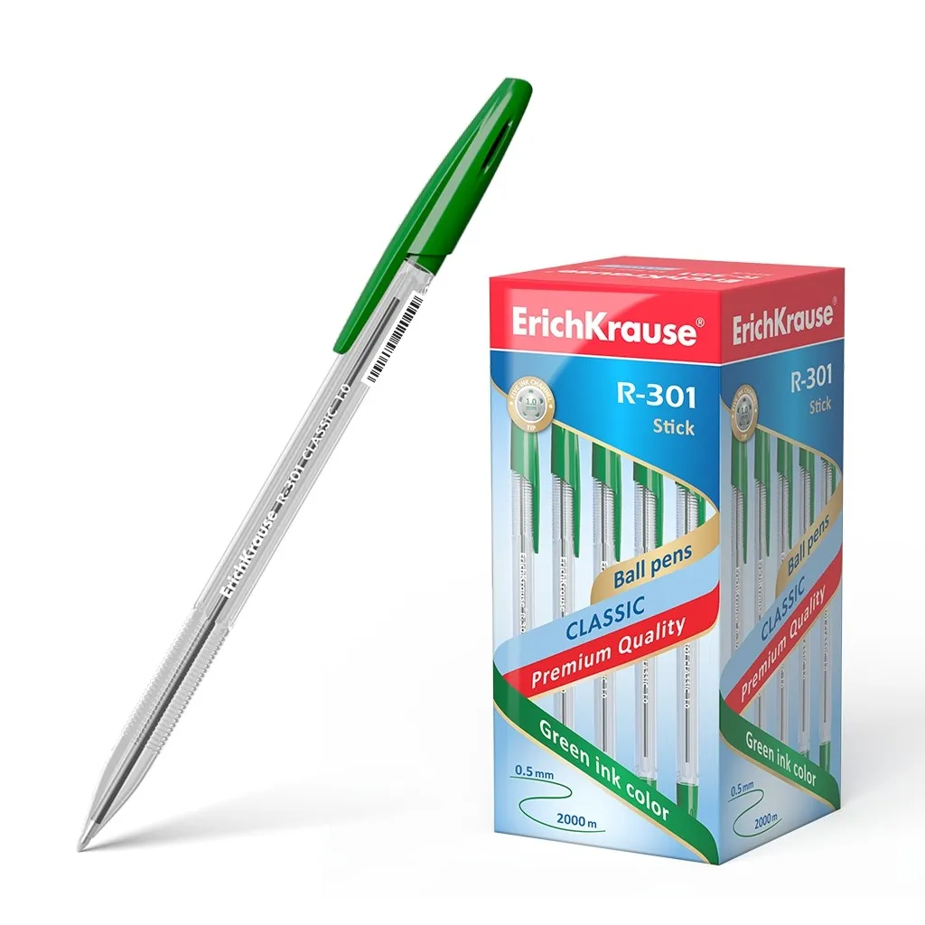 Penna a sfera Erichkrause R-301 Classic Stick 1.0 - Corpo esagonale trasparente - Punta da 10 mm - Inchiostro ad asciugatura rapida - Colore verde - immagine 1