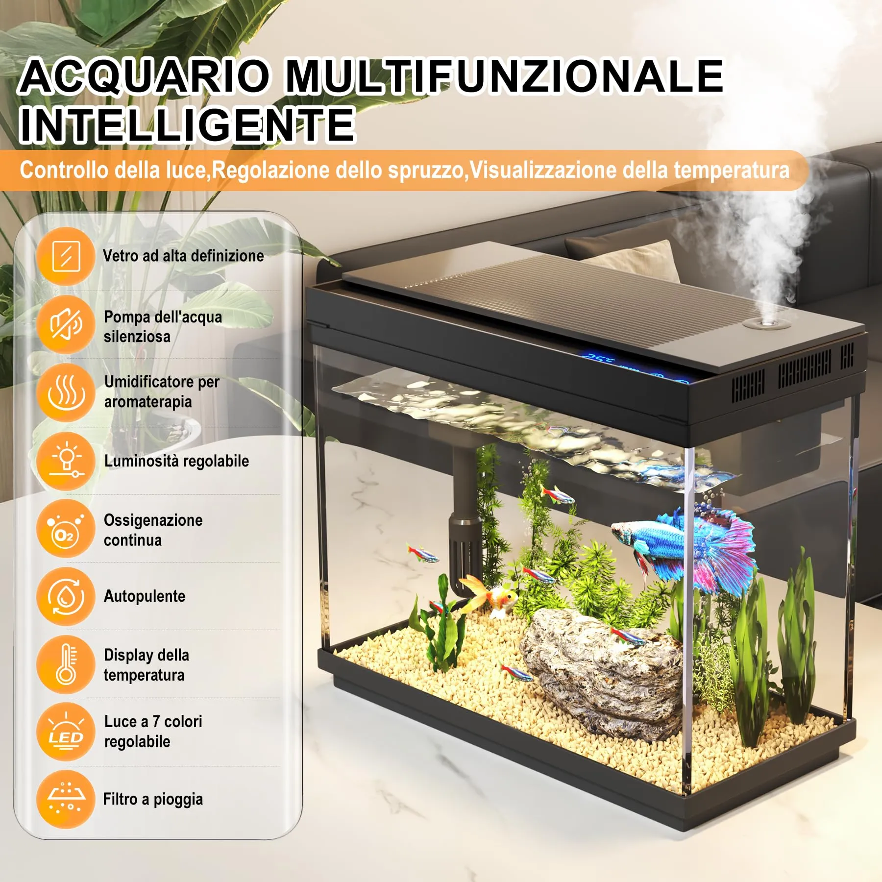 Vehipa Acquario Completo, Acquario per Pesci Rossi da 9L con Umidificatore Intelligente, Display della Temperatura, Vetro Ultra Chiaro, Pompa Silenziosa 3 in 1, Illuminazione a 7 Colori - immagine 2