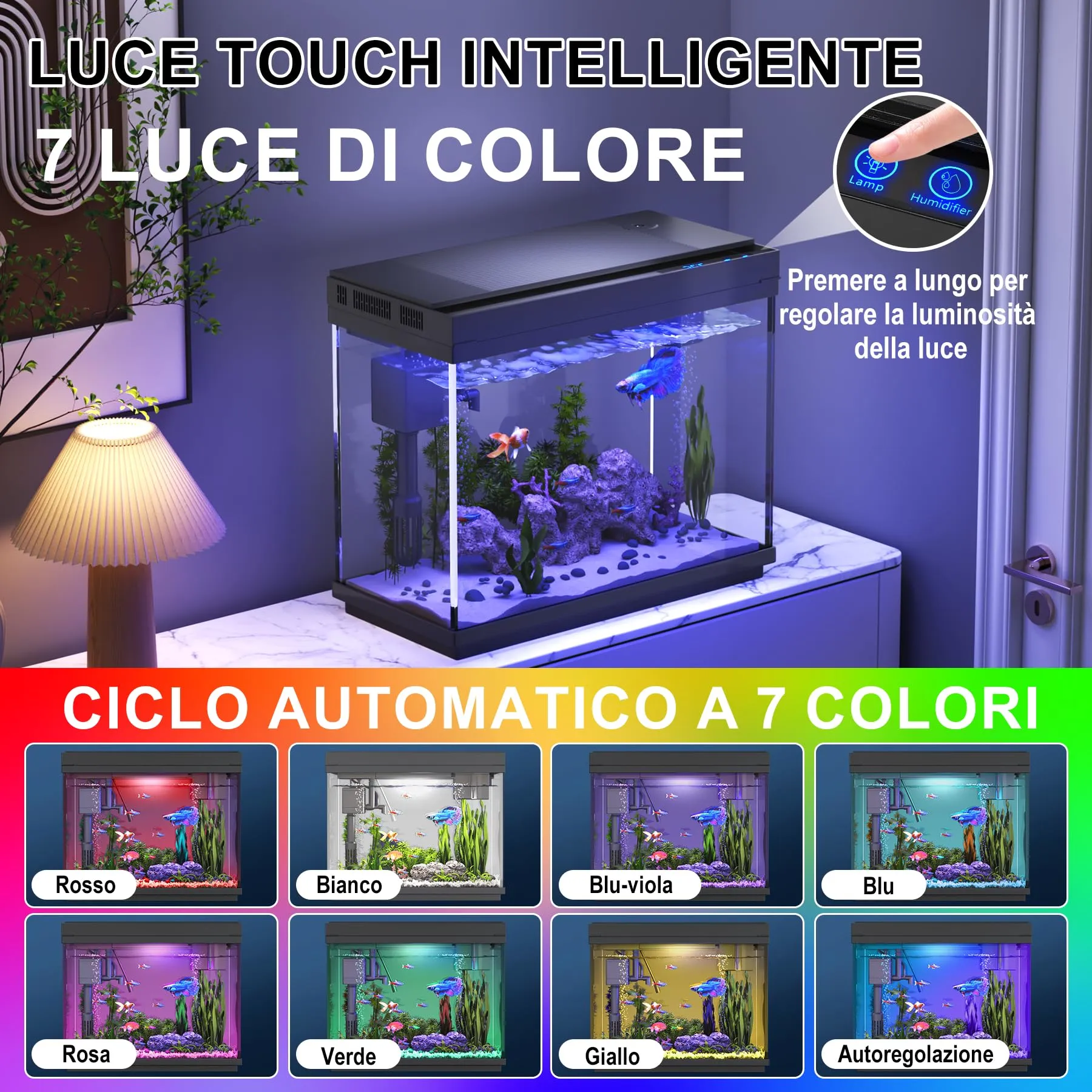 Vehipa Acquario Completo, Acquario per Pesci Rossi da 9L con Umidificatore Intelligente, Display della Temperatura, Vetro Ultra Chiaro, Pompa Silenziosa 3 in 1, Illuminazione a 7 Colori - immagine 4