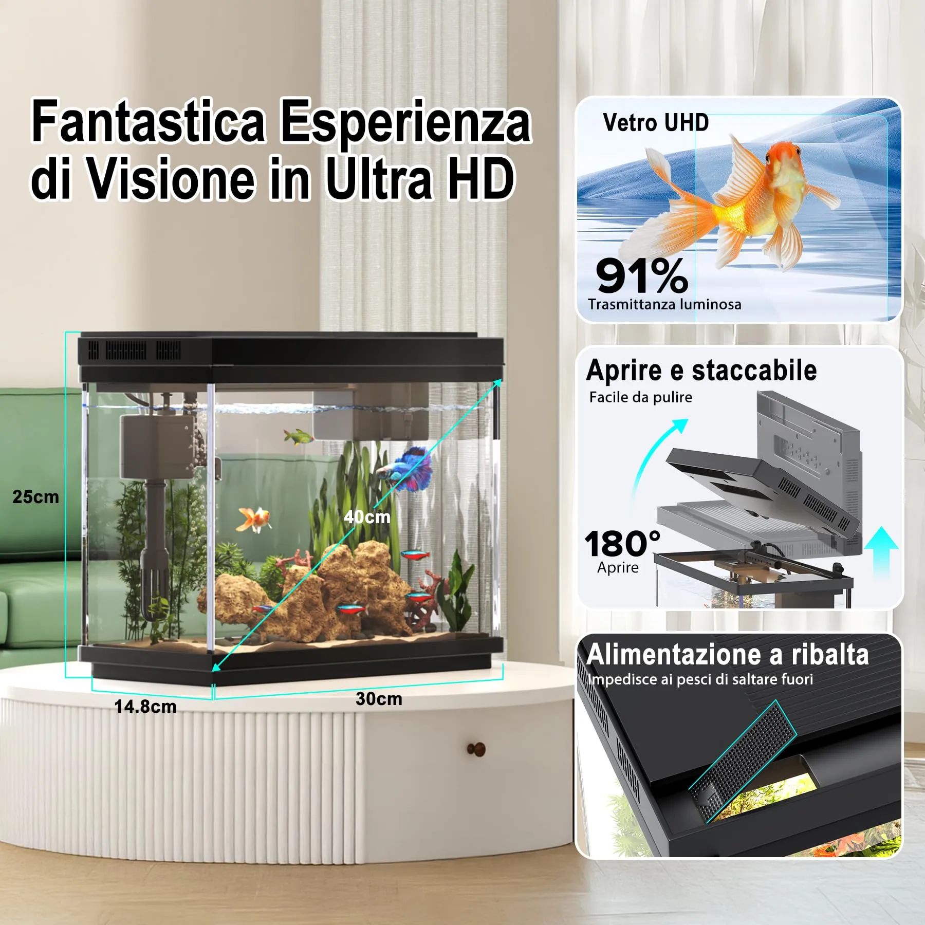 Vehipa Acquario Completo, Acquario per Pesci Rossi da 9L con Umidificatore Intelligente, Display della Temperatura, Vetro Ultra Chiaro, Pompa Silenziosa 3 in 1, Illuminazione a 7 Colori - immagine 5