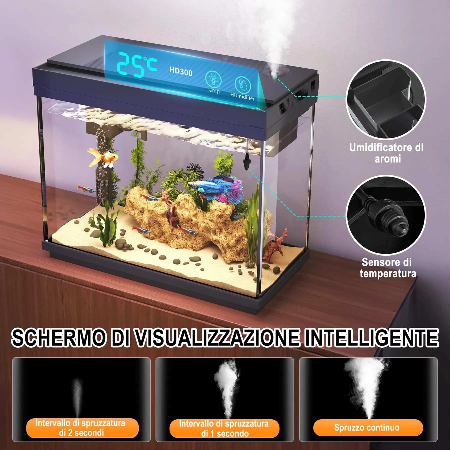 Vehipa Acquario Completo, Acquario per Pesci Rossi da 9L con Umidificatore Intelligente, Display della Temperatura, Vetro Ultra Chiaro, Pompa Silenziosa 3 in 1, Illuminazione a 7 Colori - immagine 6
