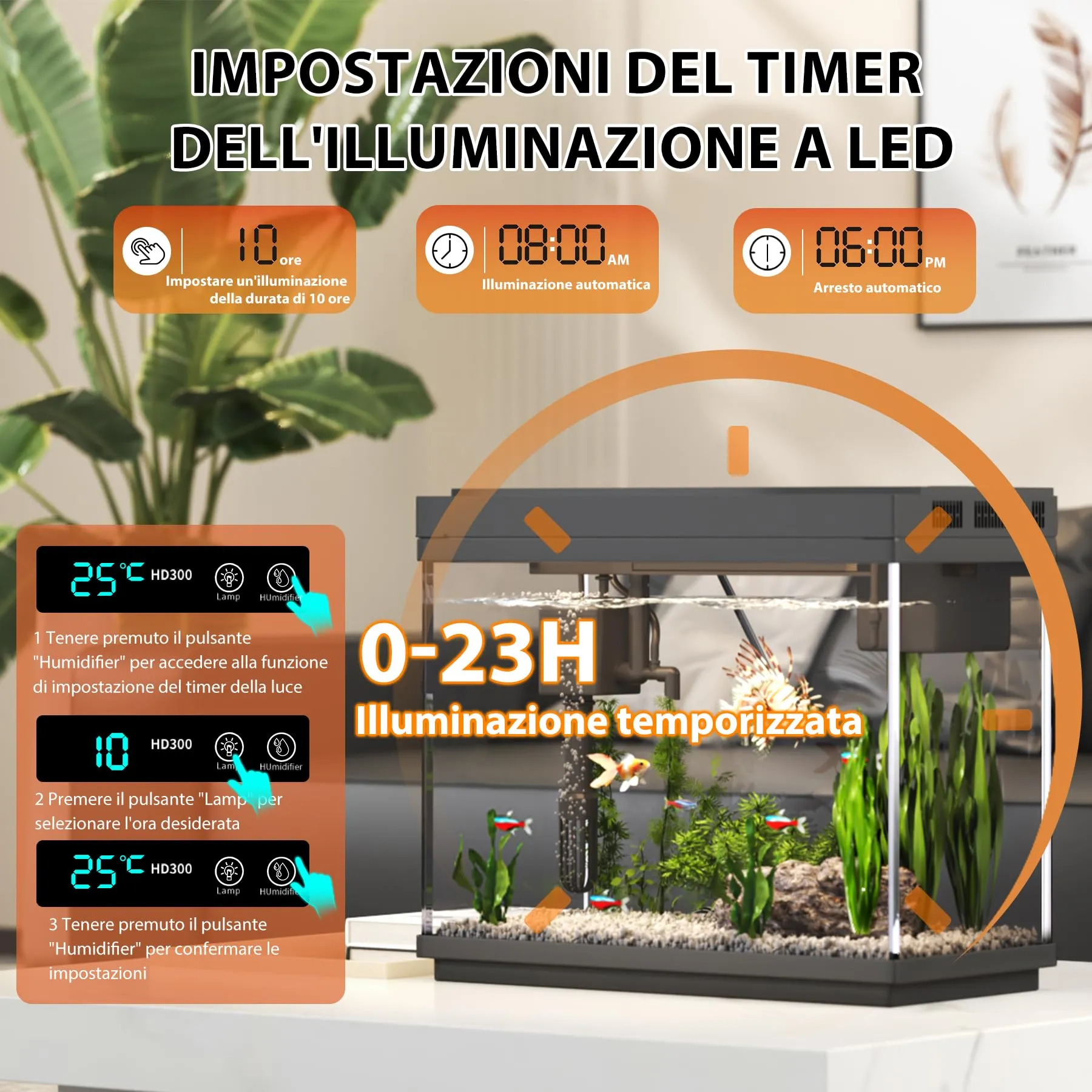 Vehipa Acquario Completo, Acquario per Pesci Rossi da 9L con Umidificatore Intelligente, Display della Temperatura, Vetro Ultra Chiaro, Pompa Silenziosa 3 in 1, Illuminazione a 7 Colori - immagine 7