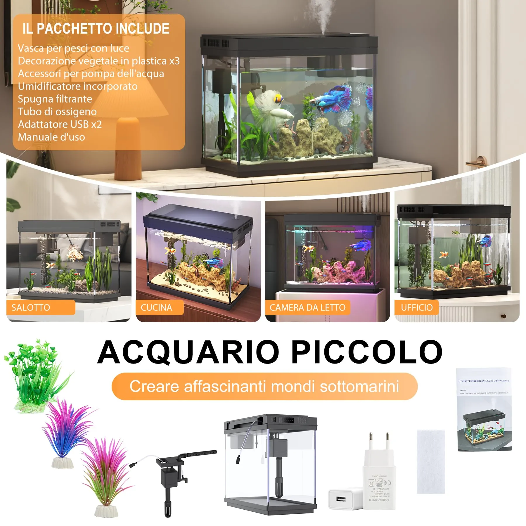 Vehipa Acquario Completo, Acquario per Pesci Rossi da 9L con Umidificatore Intelligente, Display della Temperatura, Vetro Ultra Chiaro, Pompa Silenziosa 3 in 1, Illuminazione a 7 Colori - immagine 8