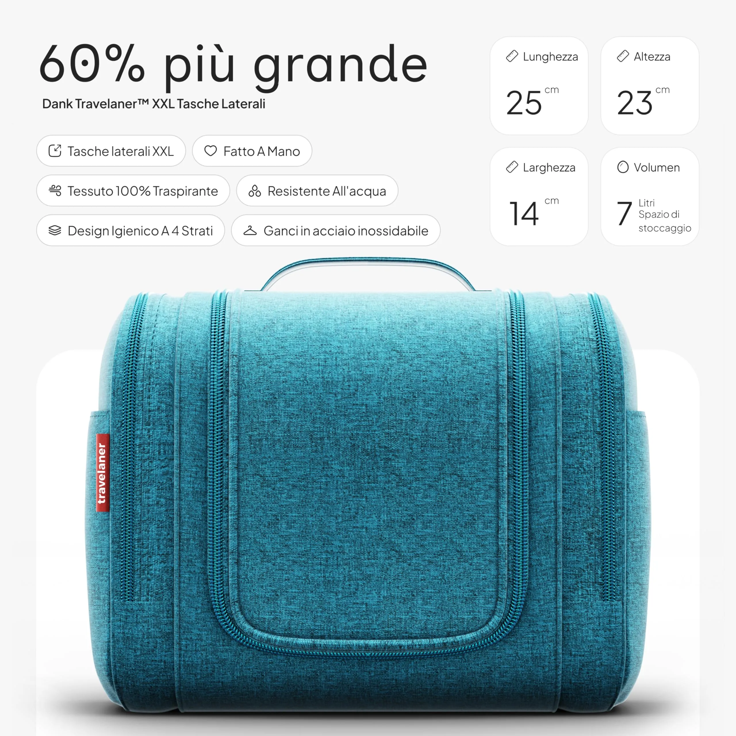 Travelaner Beauty Case da Appendere, Donna e Uomo, 7L, Turchese - immagine 2