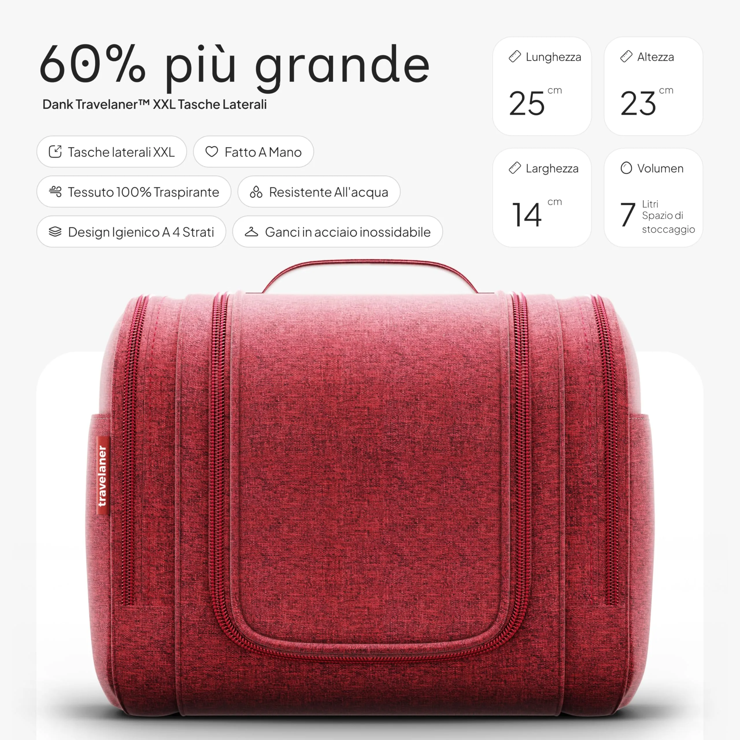 Travelaner Beauty Case da Appendere, Donna e Uomo, 7L, Rosso - immagine 2