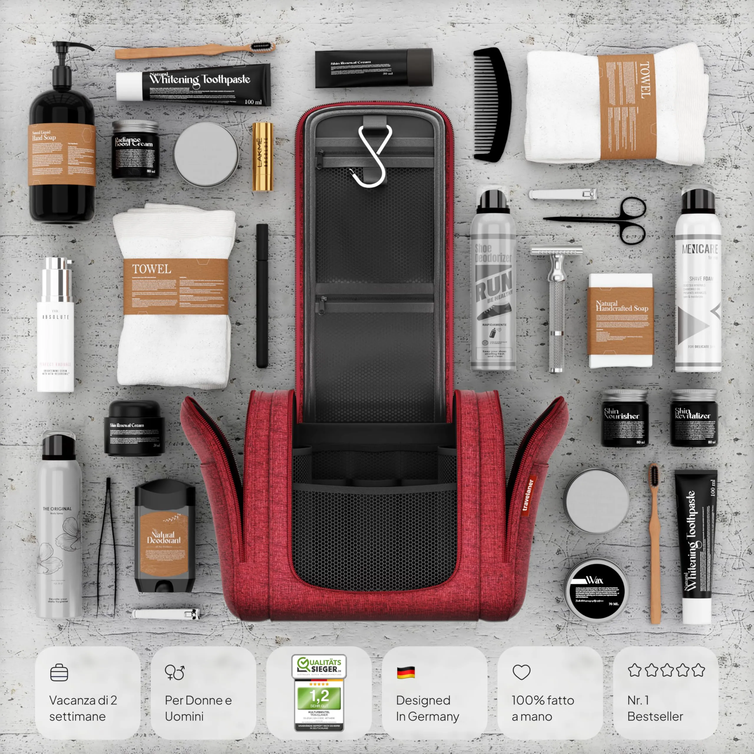 Travelaner Beauty Case da Appendere, Donna e Uomo, 7L, Rosso - immagine 6