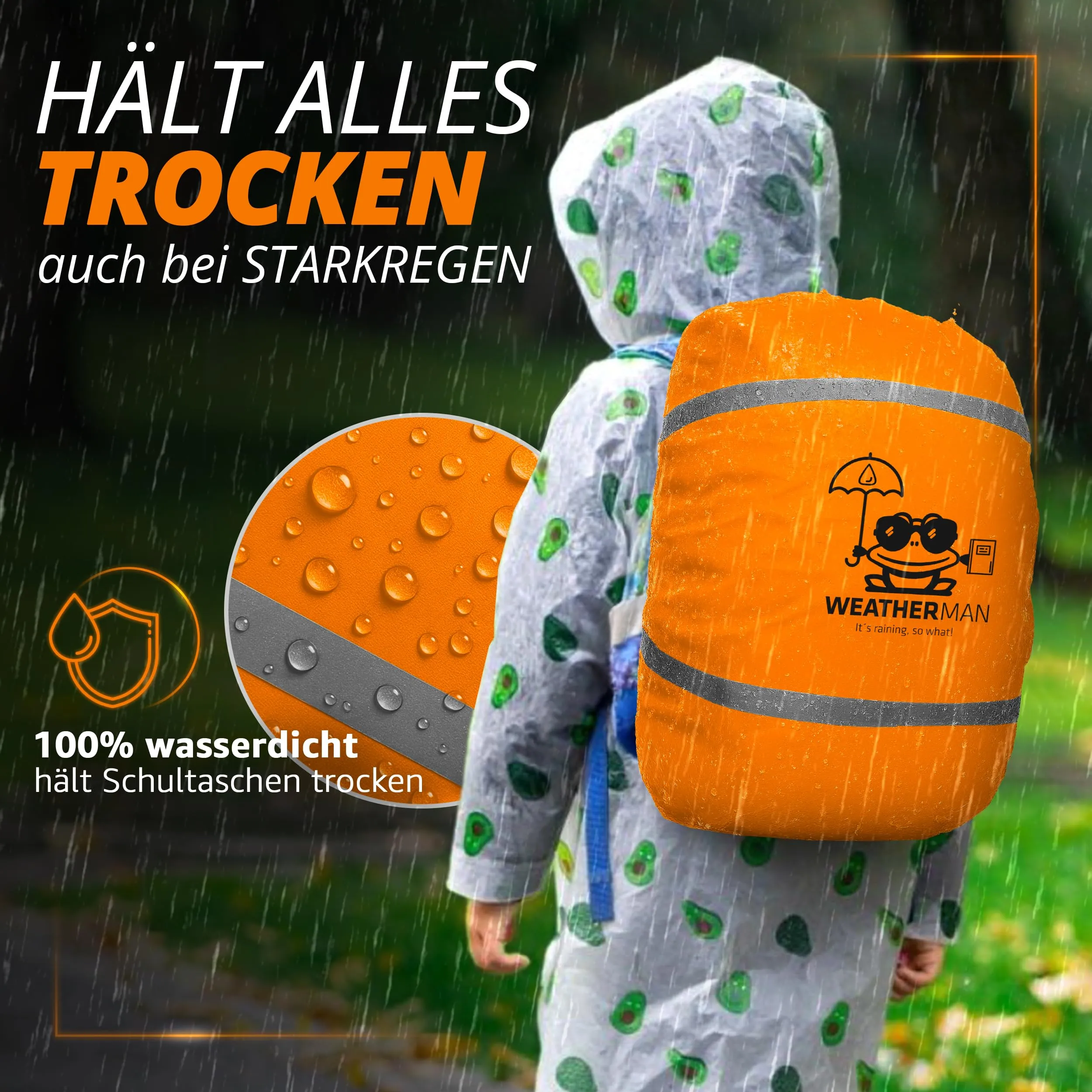 Weatherman wasserdichter Regenschutz für Schulranzen und Rucksack, Signalfarbe, mit Gummizug, Regenhülle, Sicherheitsüberzug, Sicherheitshülle, Schutzhülle, Regenschutzhülle (arancione) - immagine 2