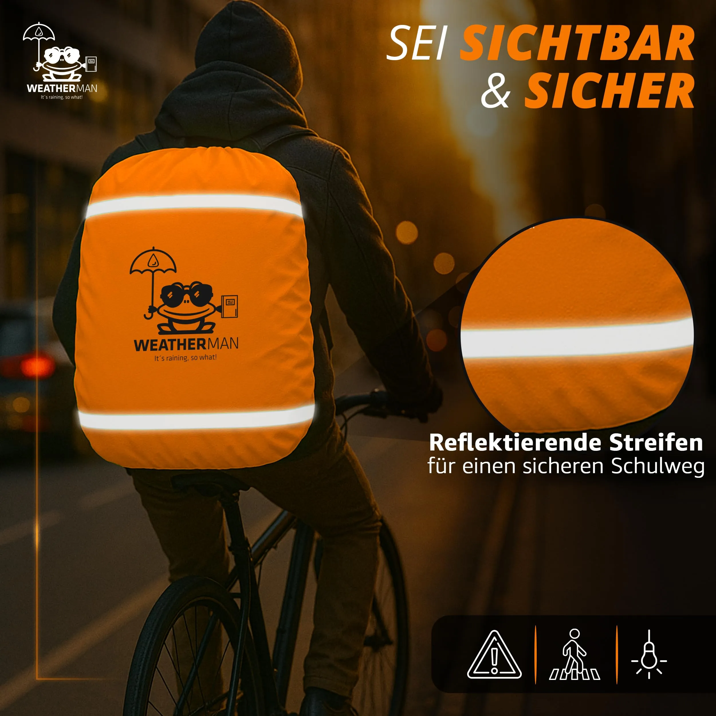 Weatherman wasserdichter Regenschutz für Schulranzen und Rucksack, Signalfarbe, mit Gummizug, Regenhülle, Sicherheitsüberzug, Sicherheitshülle, Schutzhülle, Regenschutzhülle (arancione) - immagine 3