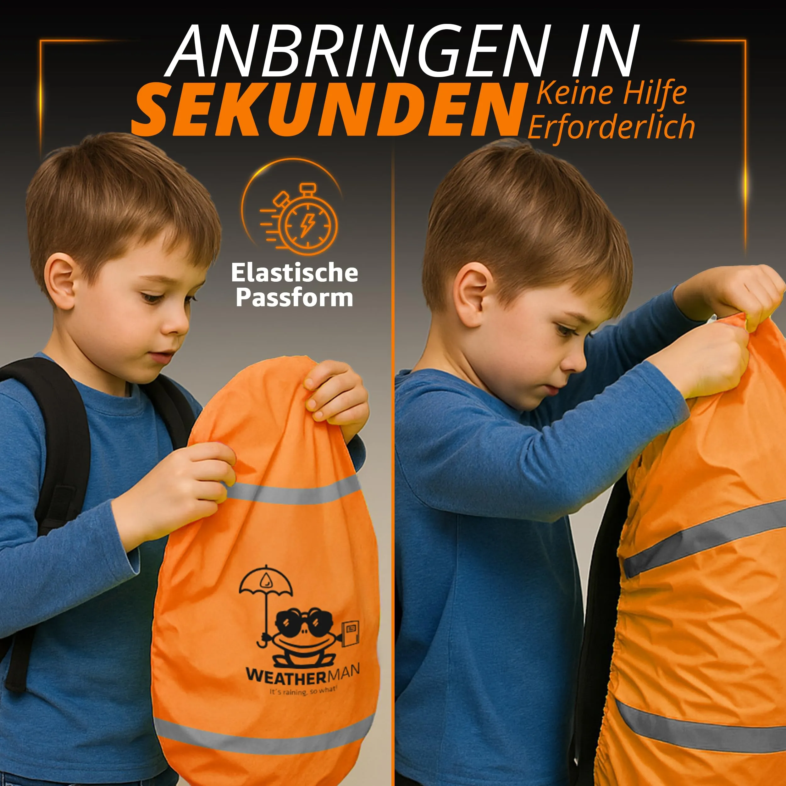 Weatherman wasserdichter Regenschutz für Schulranzen und Rucksack, Signalfarbe, mit Gummizug, Regenhülle, Sicherheitsüberzug, Sicherheitshülle, Schutzhülle, Regenschutzhülle (arancione) - immagine 5