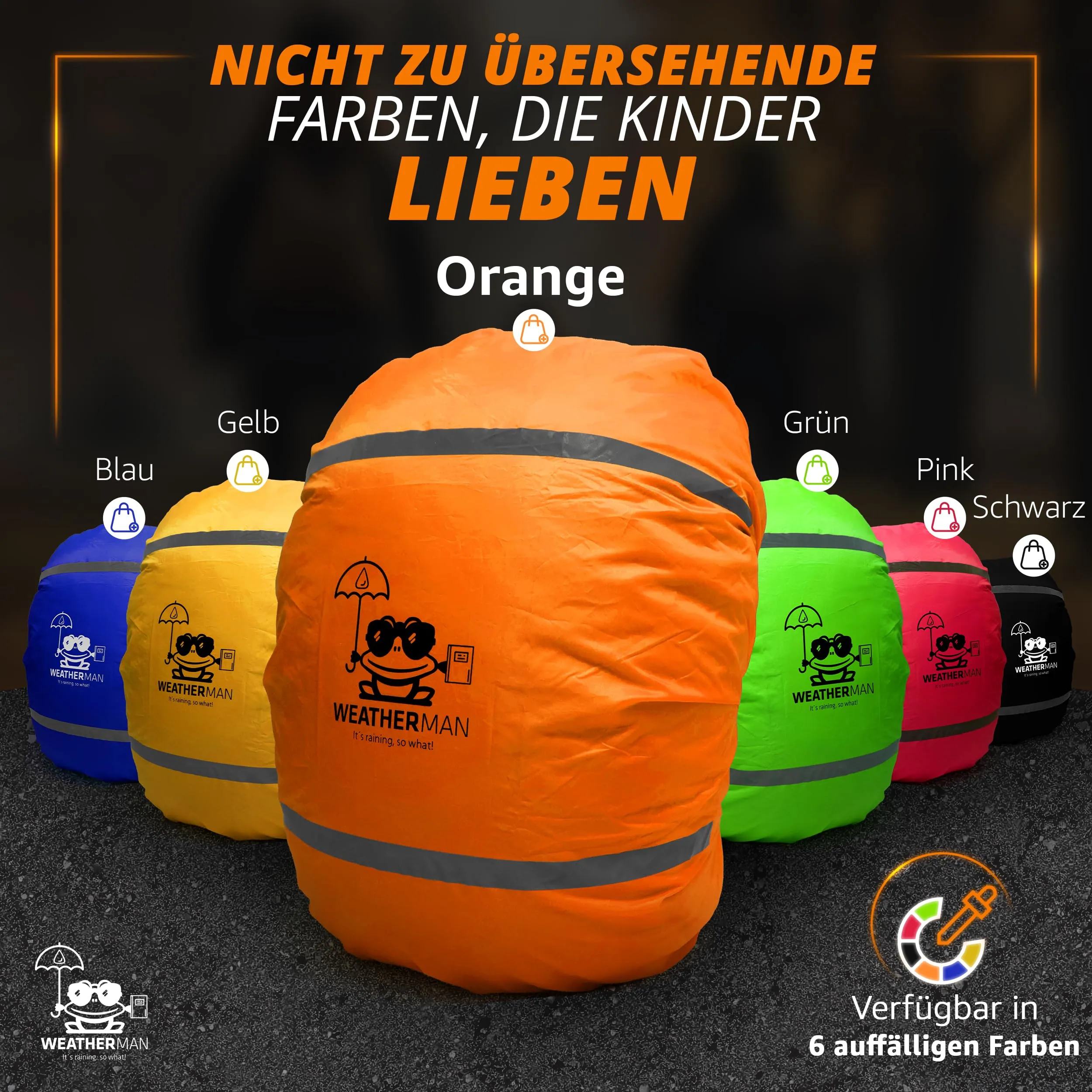 Weatherman wasserdichter Regenschutz für Schulranzen und Rucksack, Signalfarbe, mit Gummizug, Regenhülle, Sicherheitsüberzug, Sicherheitshülle, Schutzhülle, Regenschutzhülle (arancione) - immagine 6