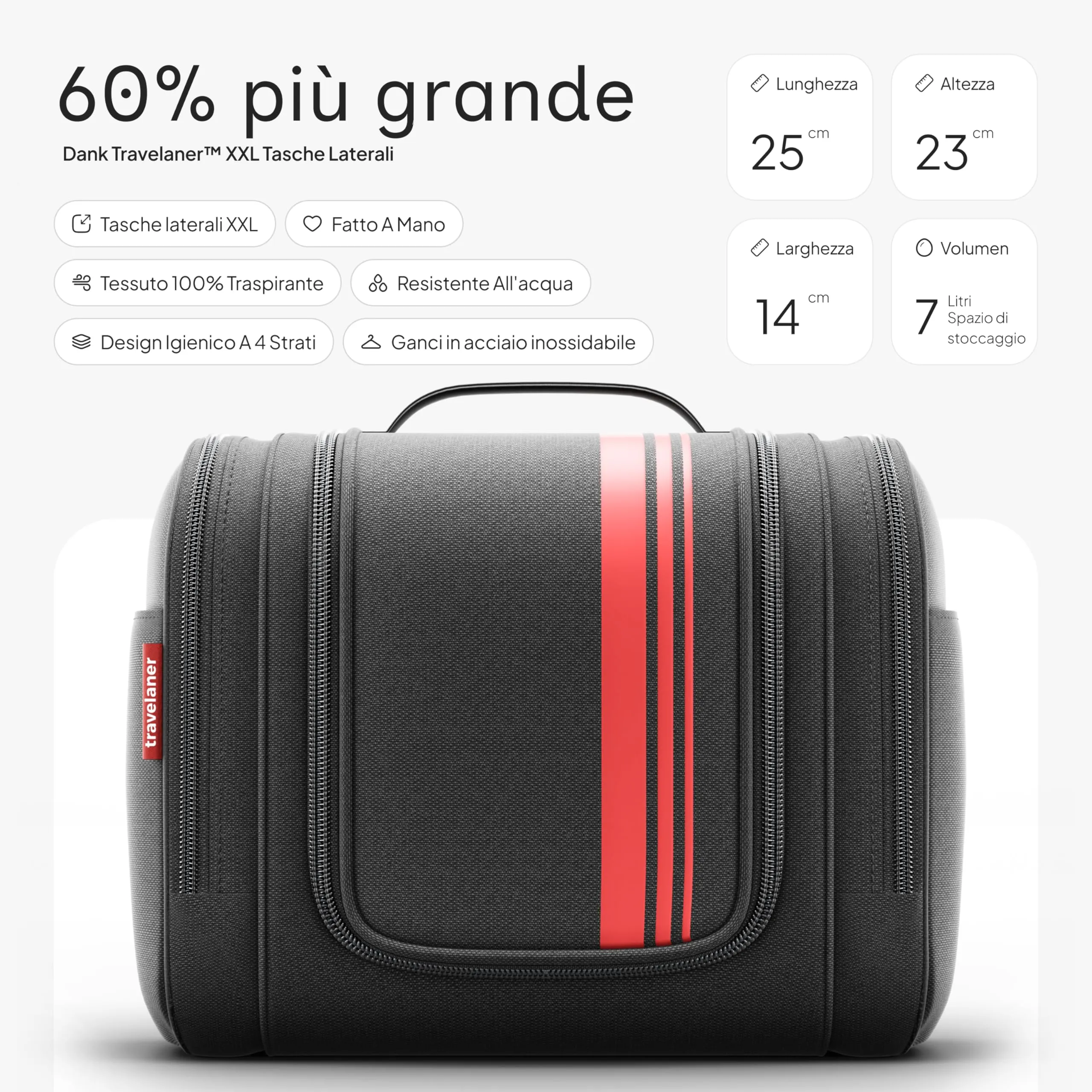 Travelaner Beauty Case da Appendere, Donna e Uomo, 7L, Nero/Rosso - immagine 2