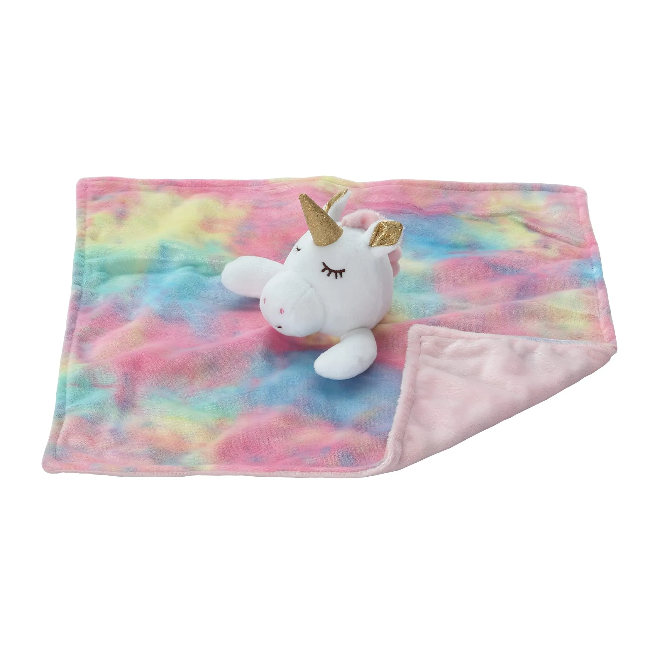 CREVENT Loveys - Coperta di sicurezza in peluche per bambine, motivo a pois minky davanti + retro con faccia di animale (unicorno) - immagine 3