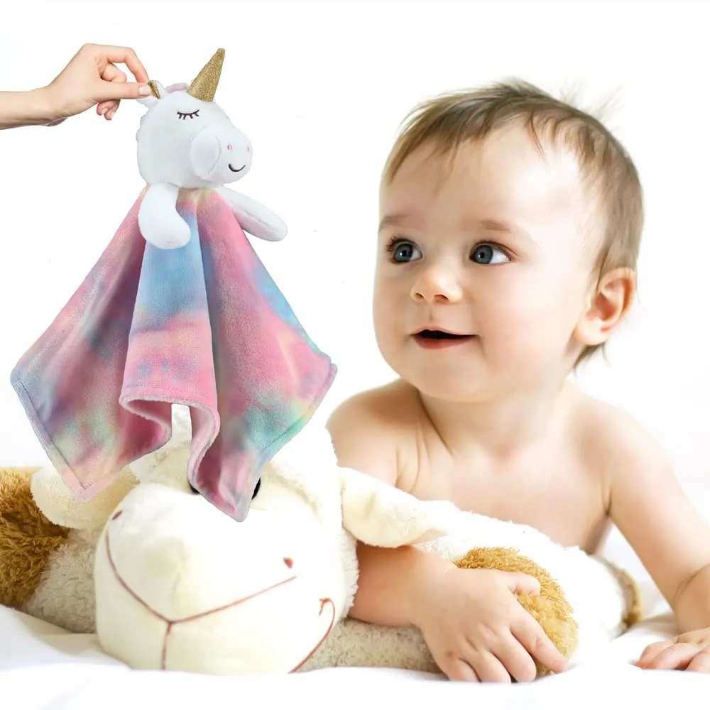 CREVENT Loveys - Coperta di sicurezza in peluche per bambine, motivo a pois minky davanti + retro con faccia di animale (unicorno) - immagine 5