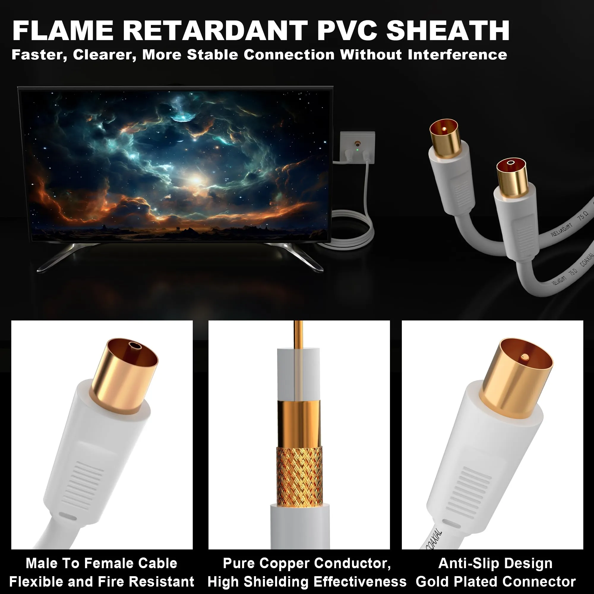 RELIAGINT RL Flex Cavo antenna TV 1m, prolunga coassiale maschio/femmina 75 ohm, conduttore in rame puro, per digitale terrestre, TV via cavo e satellitare (DVB-T/T2/C/S/S2), Bianco - immagine 7