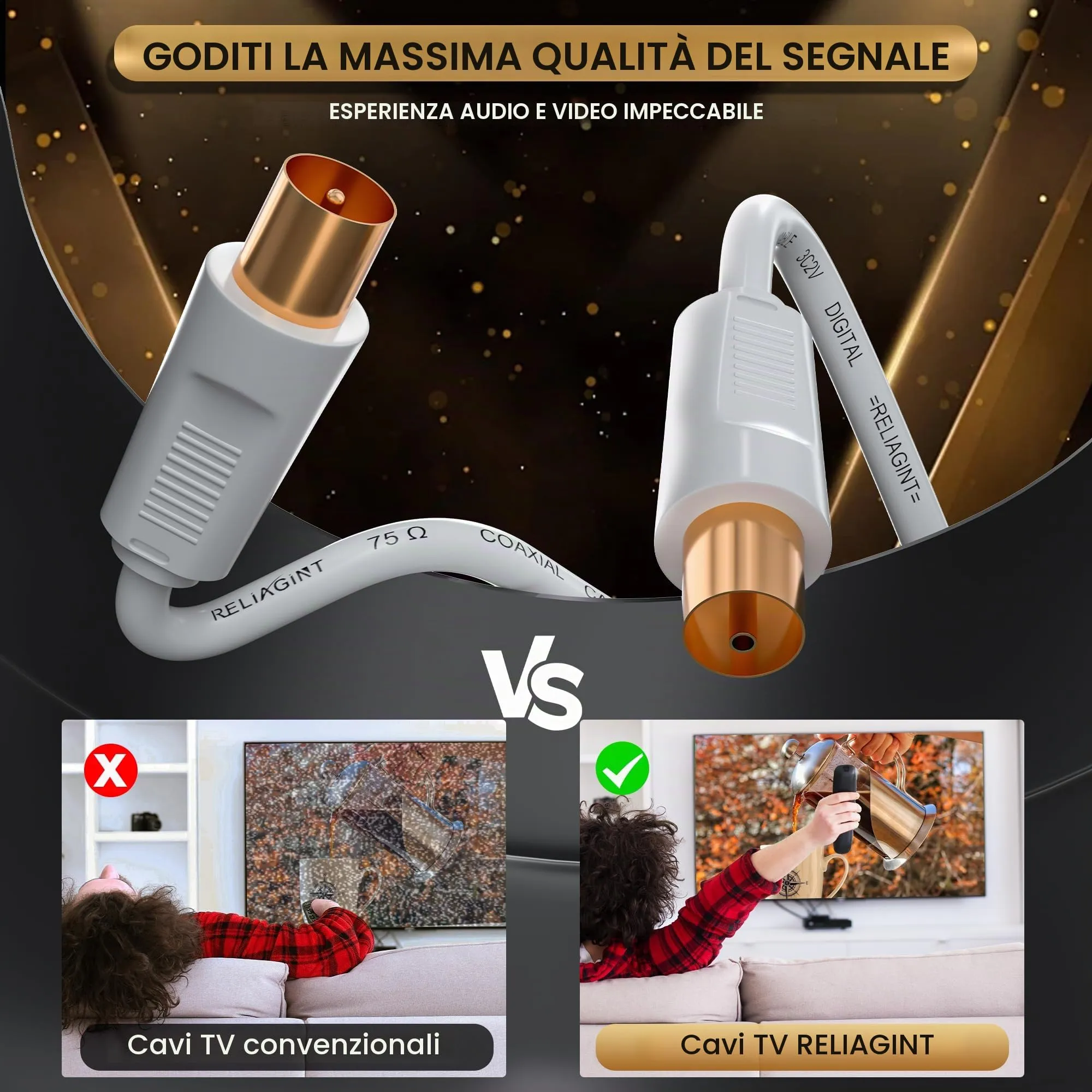 RELIAGINT RL Flex Cavo antenna TV 2m, prolunga coassiale maschio/femmina 75 ohm, conduttore in rame puro, per digitale terrestre, TV via cavo e satellitare (DVB-T/T2/C/S/S2), Bianco - immagine 6