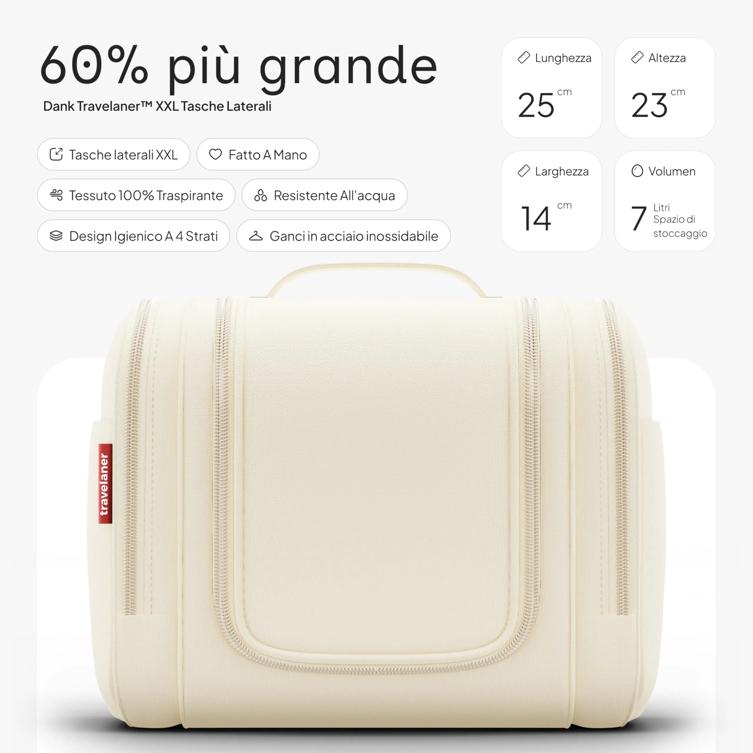 Travelaner Beauty Case da Appendere, Donna e Uomo, 7L, Beige Crema - immagine 2