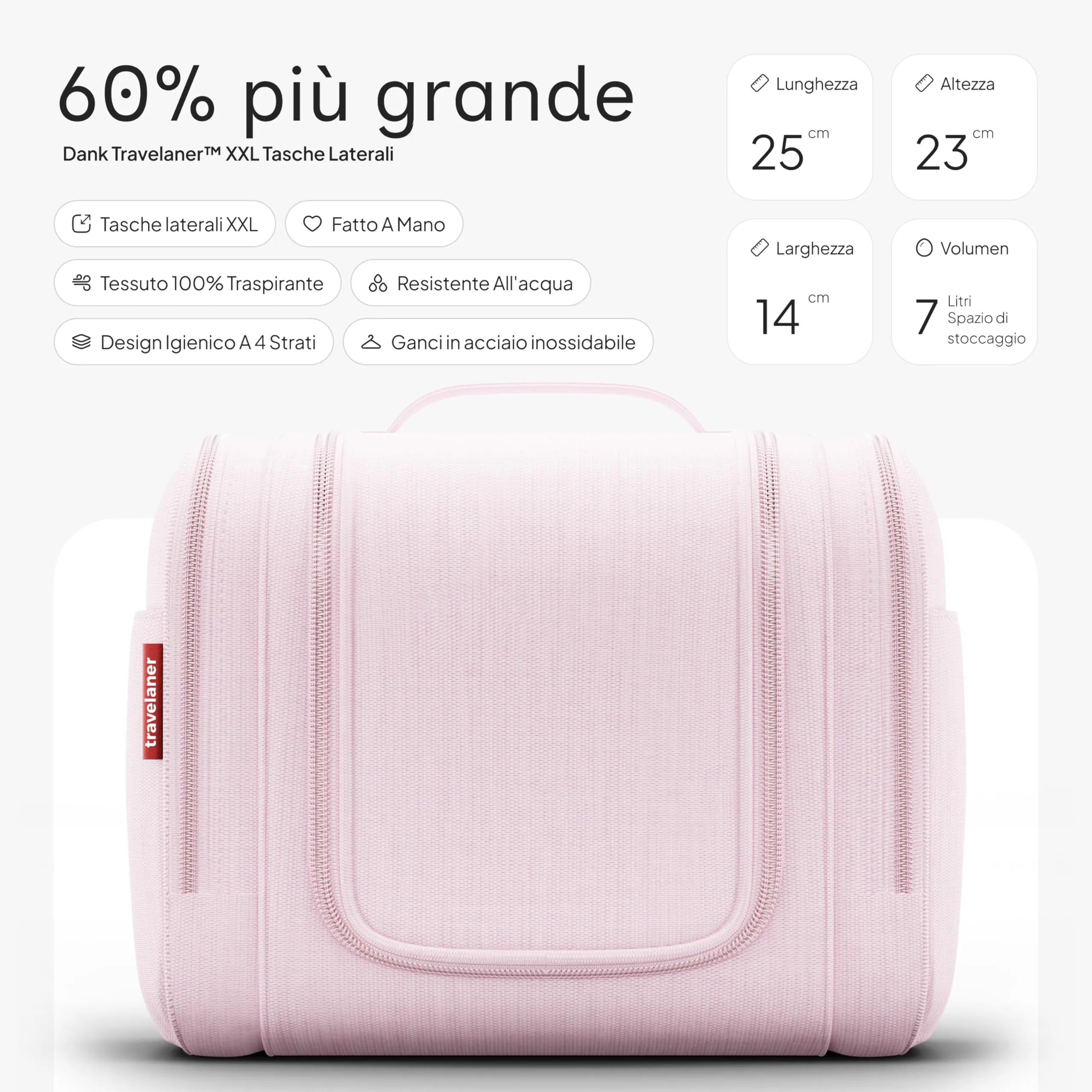Travelaner Beauty Case da Appendere, Donna e Uomo, 7L, Pizzo Rosa - immagine 2