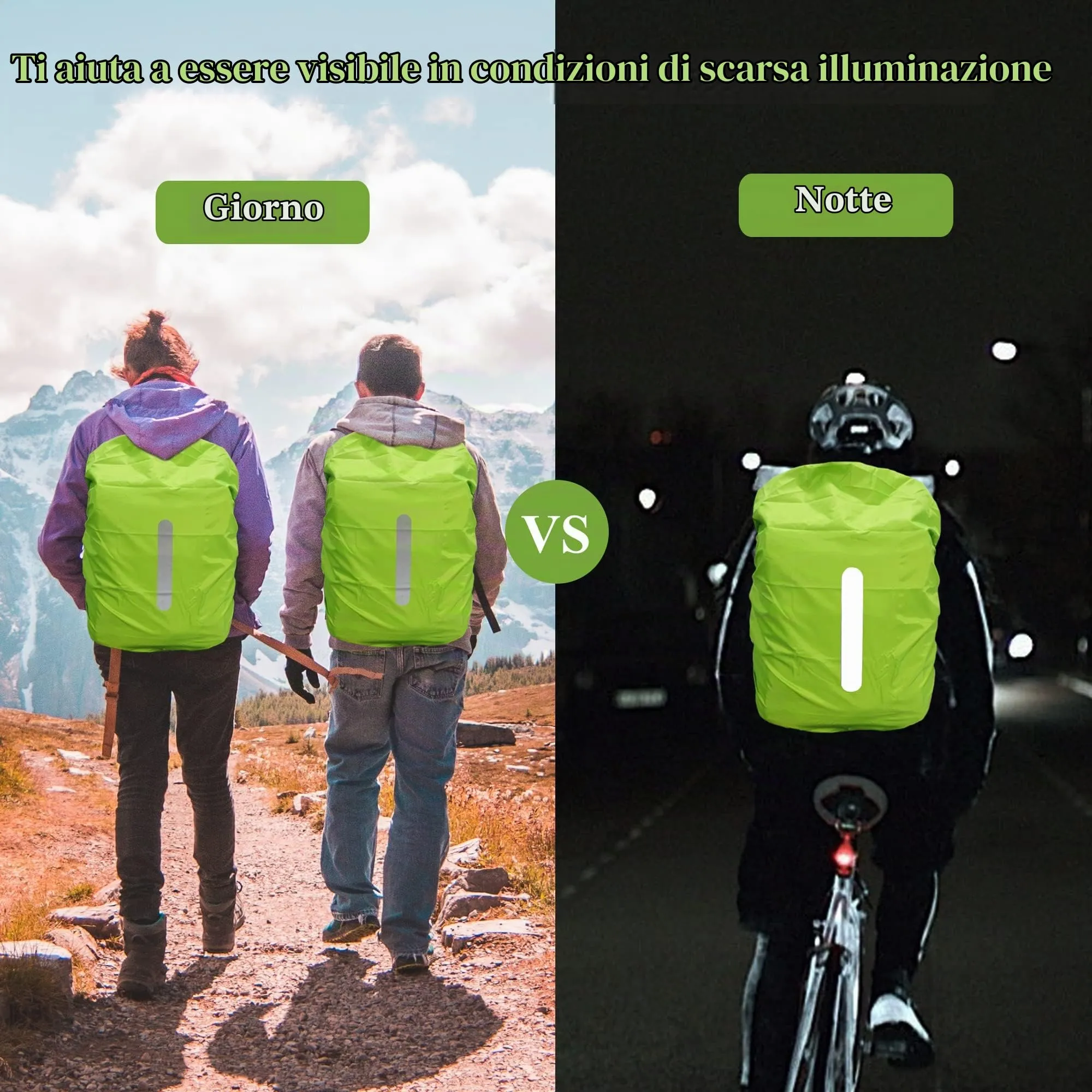 CiciIng Copertura Impermeabile dello Zaino con Riflettente, 30L-40L Copertura di Pioggia dello Zaino con Sacchetto di stoccaggio, per Il Campeggio Escursionistico in Viaggio in Bicicletta (Verde, M) - immagine 3