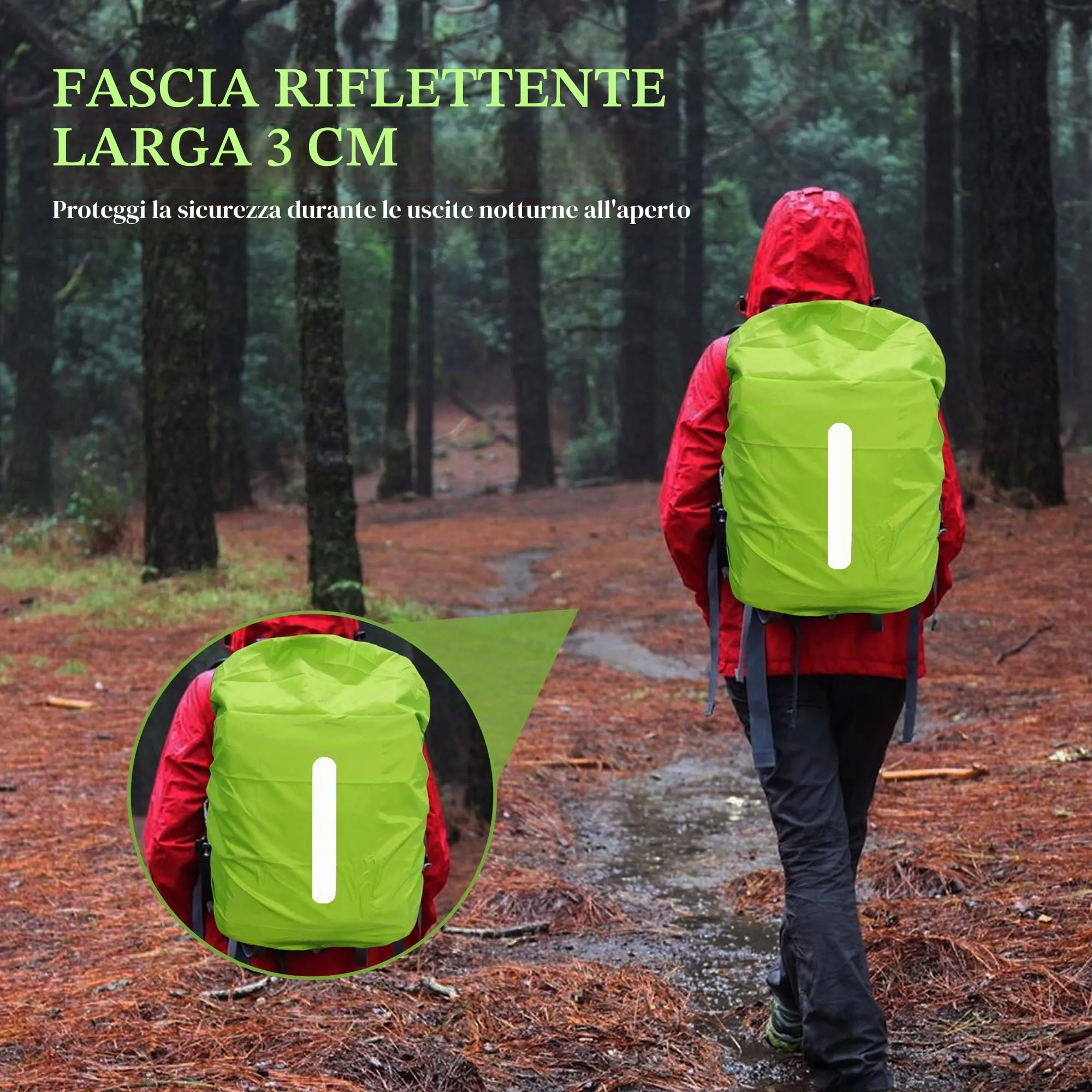 CiciIng Copertura Impermeabile dello Zaino con Riflettente, 30L-40L Copertura di Pioggia dello Zaino con Sacchetto di stoccaggio, per Il Campeggio Escursionistico in Viaggio in Bicicletta (Verde, M) - immagine 4