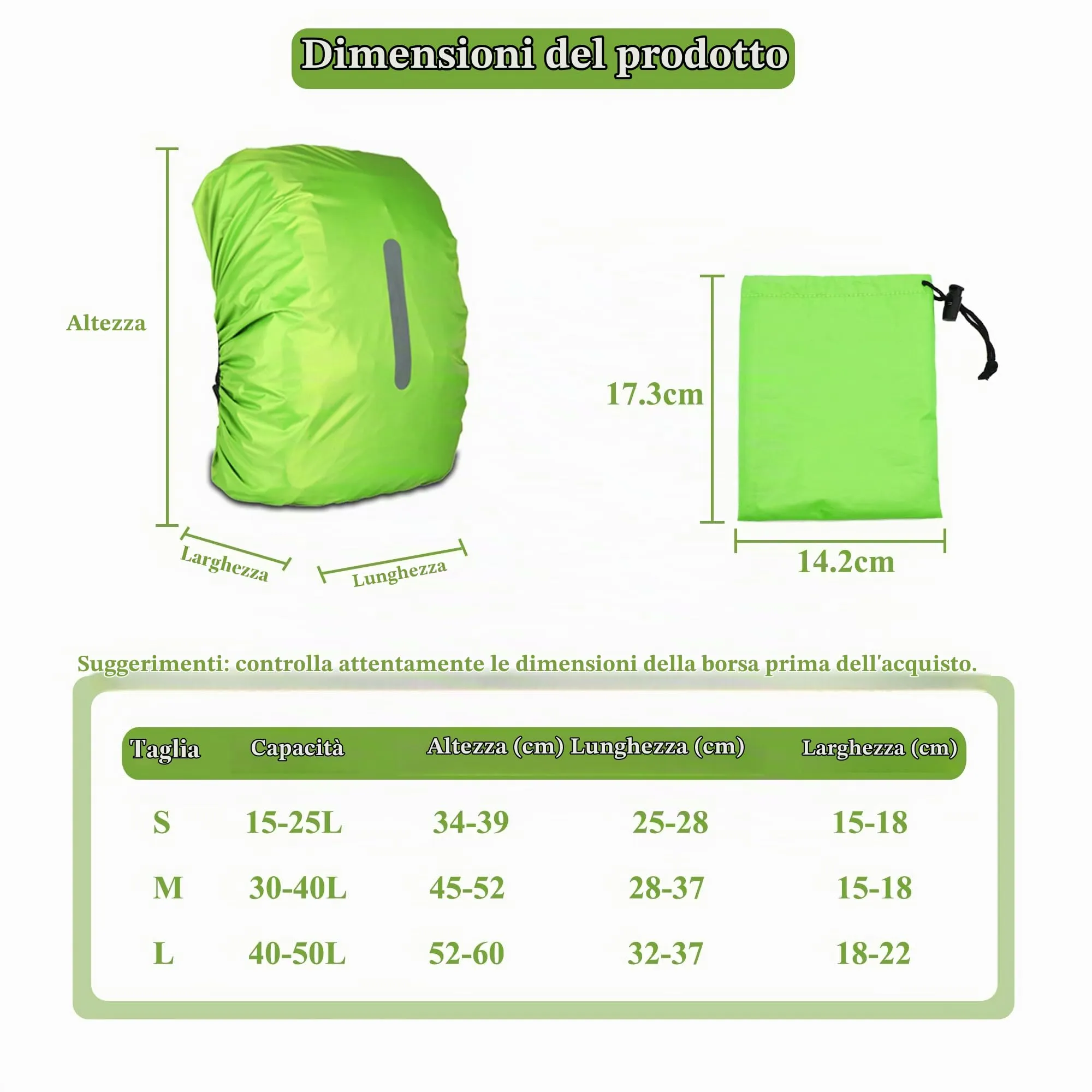 CiciIng Copertura Impermeabile dello Zaino con Riflettente, 30L-40L Copertura di Pioggia dello Zaino con Sacchetto di stoccaggio, per Il Campeggio Escursionistico in Viaggio in Bicicletta (Verde, M) - immagine 6