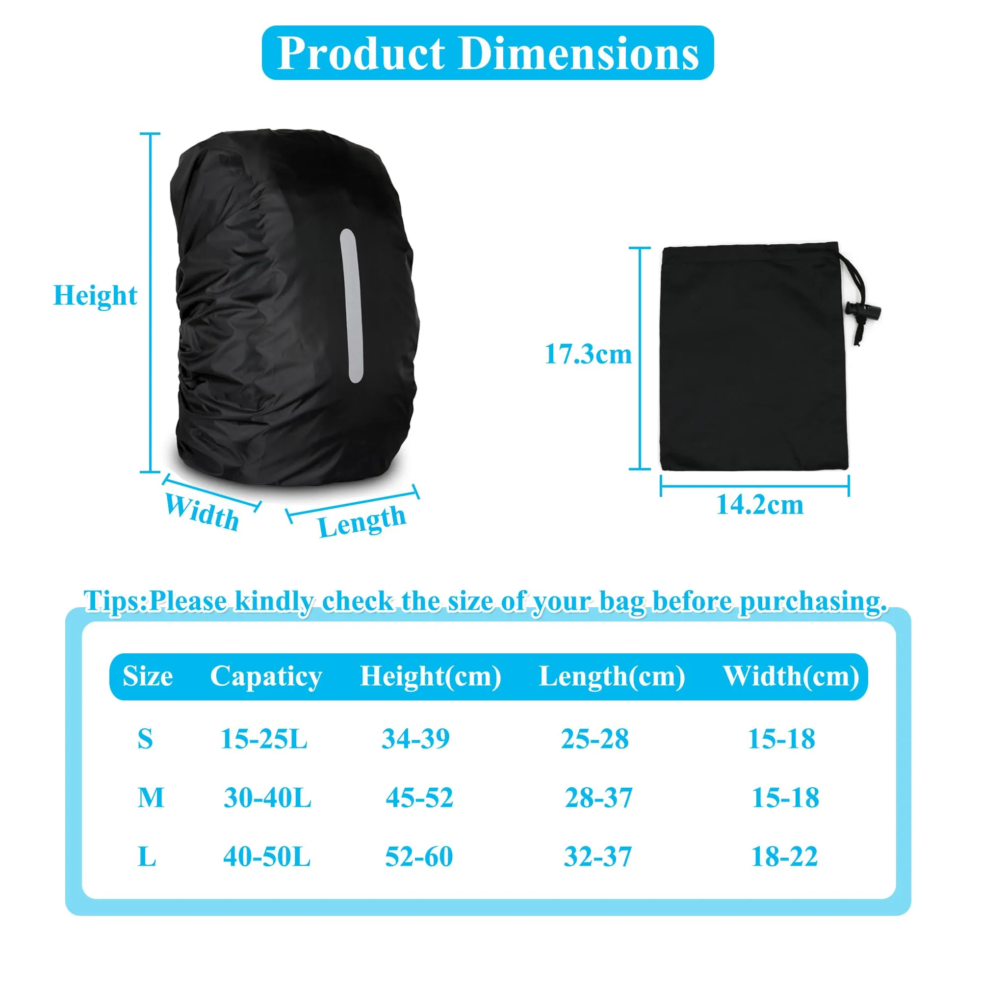 CiciIng Copertura Impermeabile dello Zaino con Riflettente, 30L-40L Copertura di Pioggia dello Zaino con Sacchetto di stoccaggio, per Il Campeggio Escursionistico in Viaggio in Bicicletta (Nero, M) - immagine 2