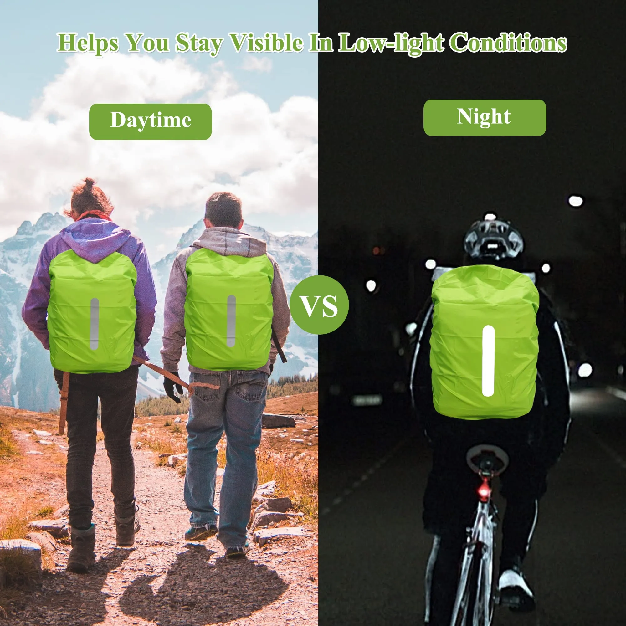 CiciIng Copertura Impermeabile dello Zaino con Riflettente, 40L-50L Copertura di Pioggia dello Zaino con Sacchetto di stoccaggio, per Il Campeggio Escursionistico in Viaggio in Bicicletta (Verde, L) - immagine 2