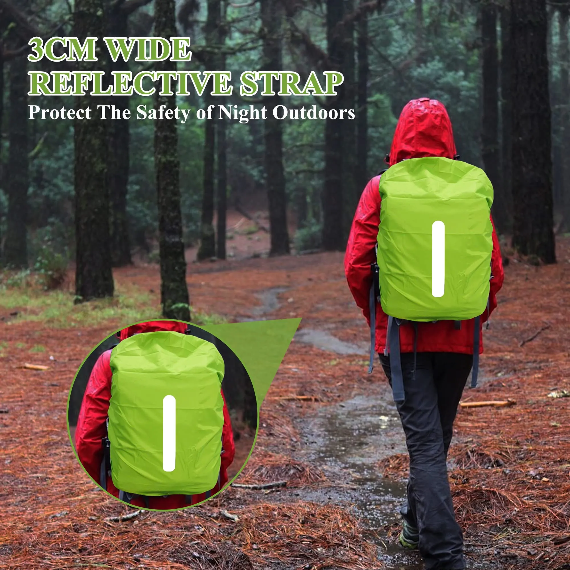 CiciIng Copertura Impermeabile dello Zaino con Riflettente, 40L-50L Copertura di Pioggia dello Zaino con Sacchetto di stoccaggio, per Il Campeggio Escursionistico in Viaggio in Bicicletta (Verde, L) - immagine 3