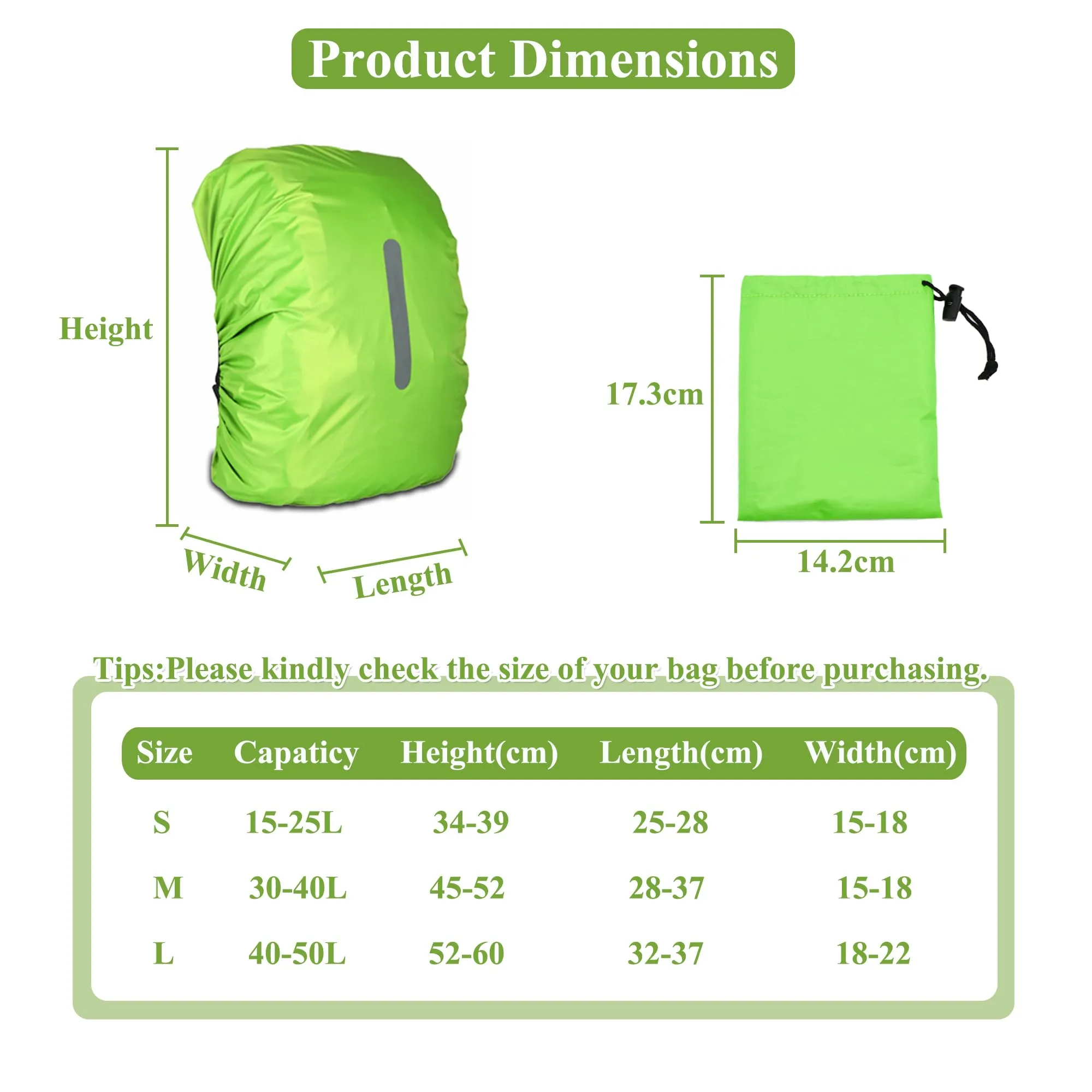CiciIng Copertura Impermeabile dello Zaino con Riflettente, 40L-50L Copertura di Pioggia dello Zaino con Sacchetto di stoccaggio, per Il Campeggio Escursionistico in Viaggio in Bicicletta (Verde, L) - immagine 6