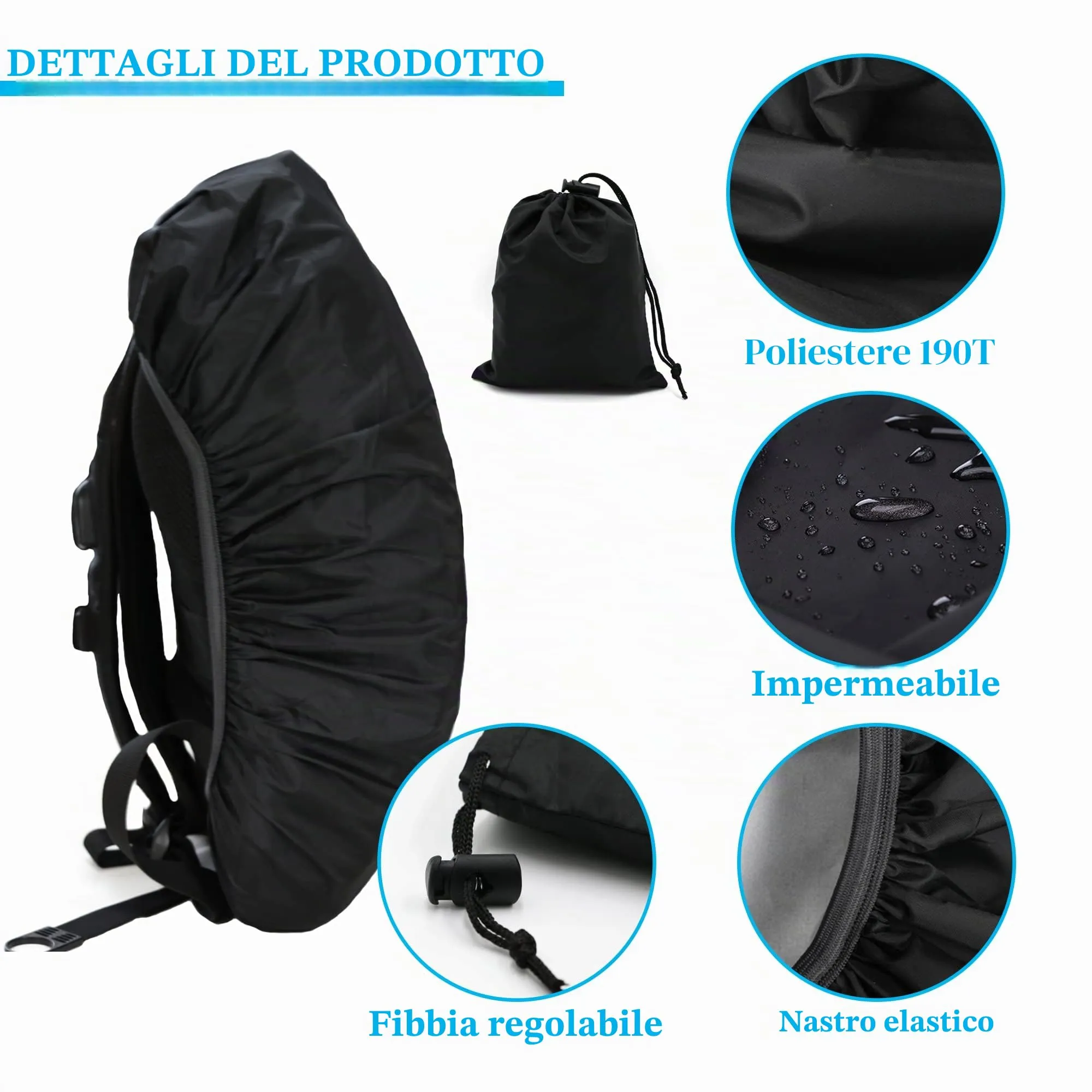 CiciIng Copertura Impermeabile dello Zaino con Riflettente, 15L-25L Copertura di Pioggia dello Zaino con Sacchetto di stoccaggio, per Il Campeggio Escursionistico in Viaggio in Bicicletta (Nero, S) - immagine 4