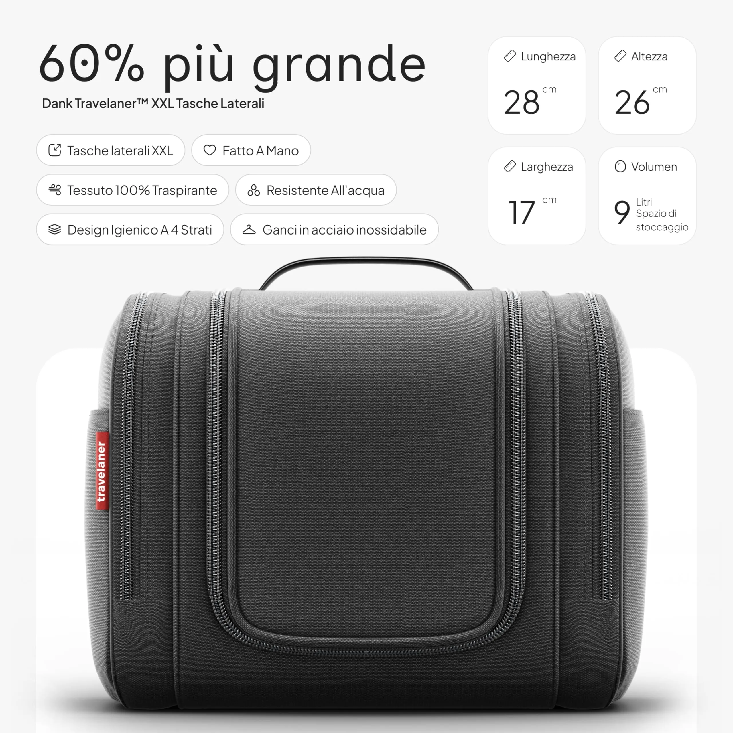 Travelaner Beauty Case XXL da Appendere, Donna e Uomo, 9L, Nero - immagine 2