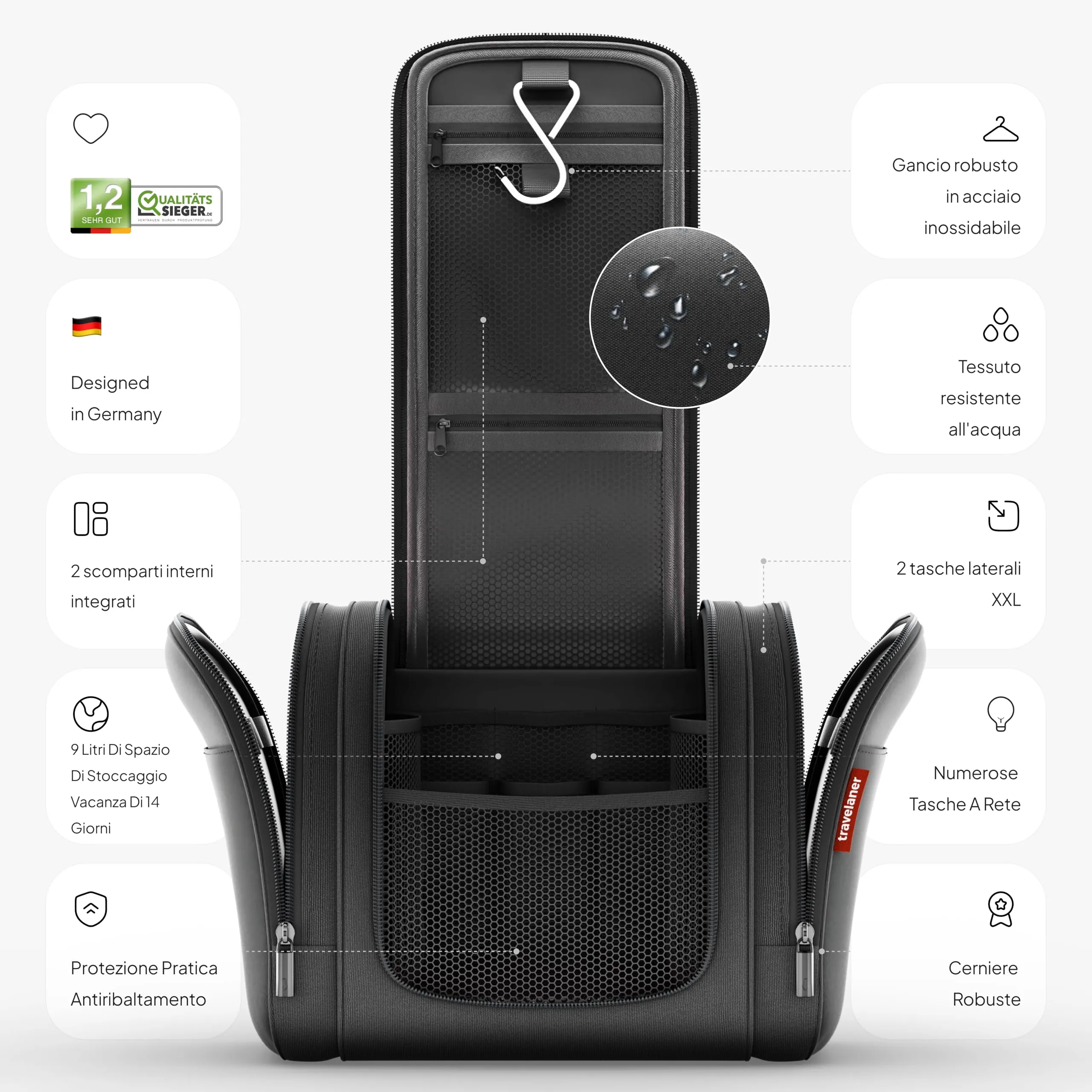 Travelaner Beauty Case XXL da Appendere, Donna e Uomo, 9L, Nero - immagine 3