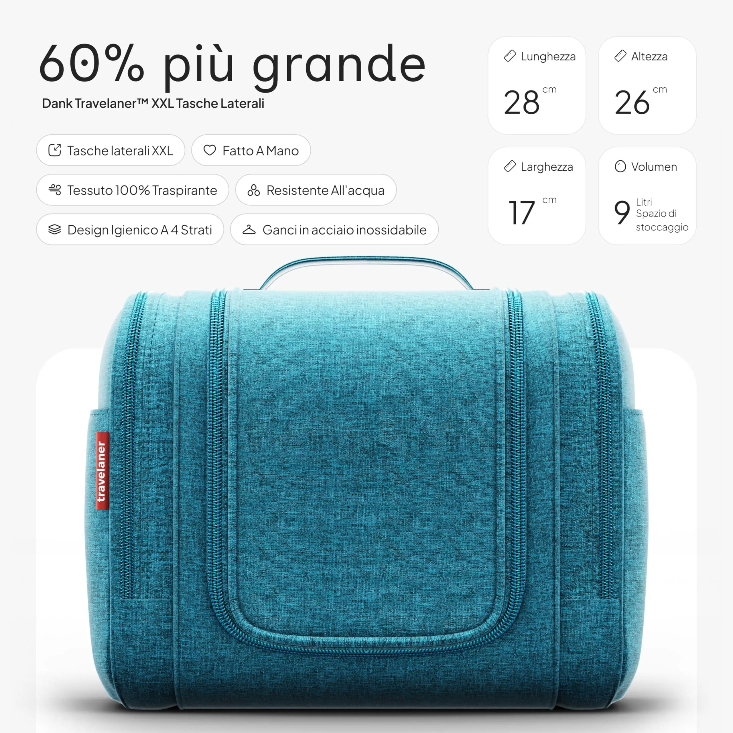 Travelaner Beauty Case XXL da Appendere, Donna e Uomo, 9L, Turchese - immagine 2
