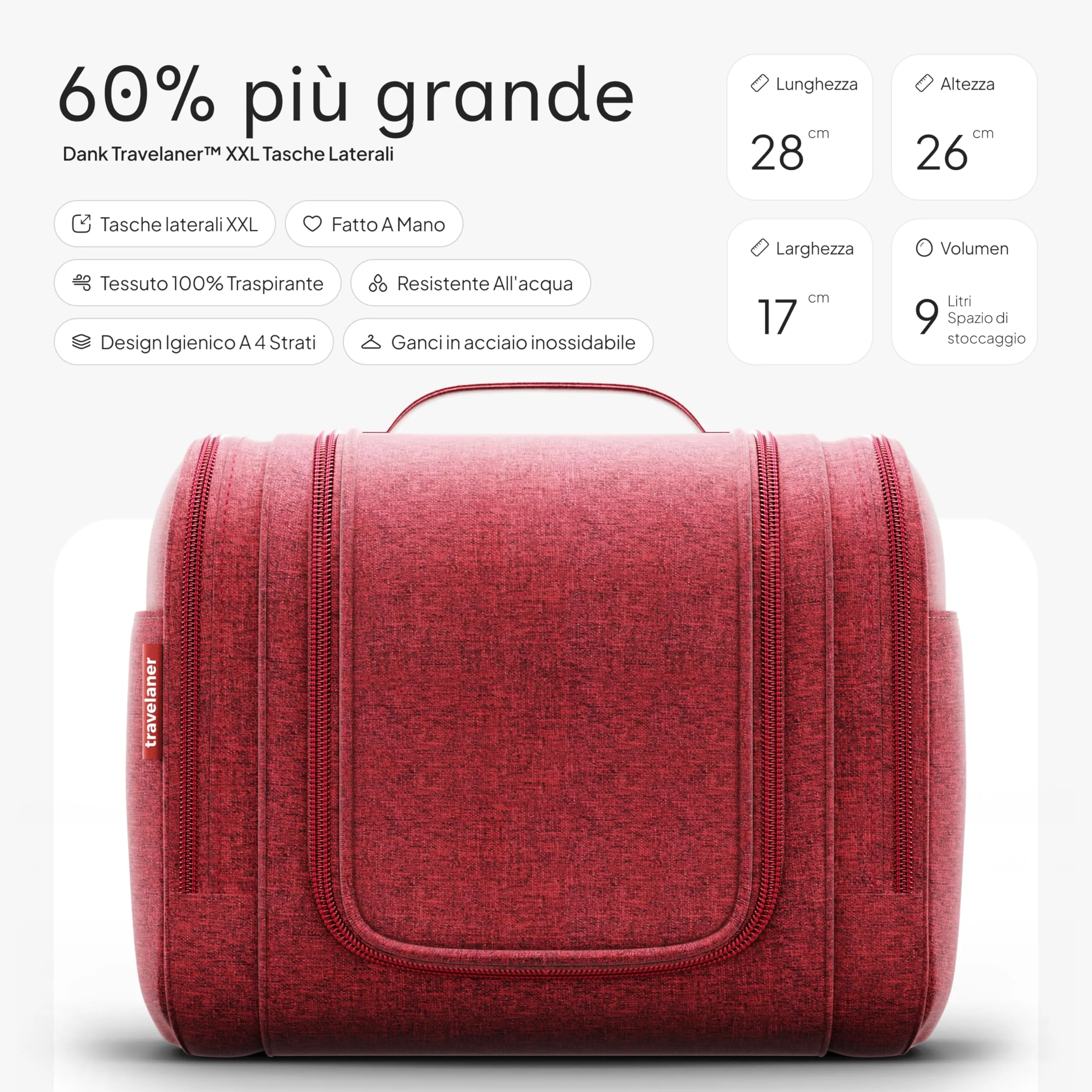 Travelaner Beauty Case XXL da Appendere, Donna e Uomo, 9L, Rosso - immagine 2