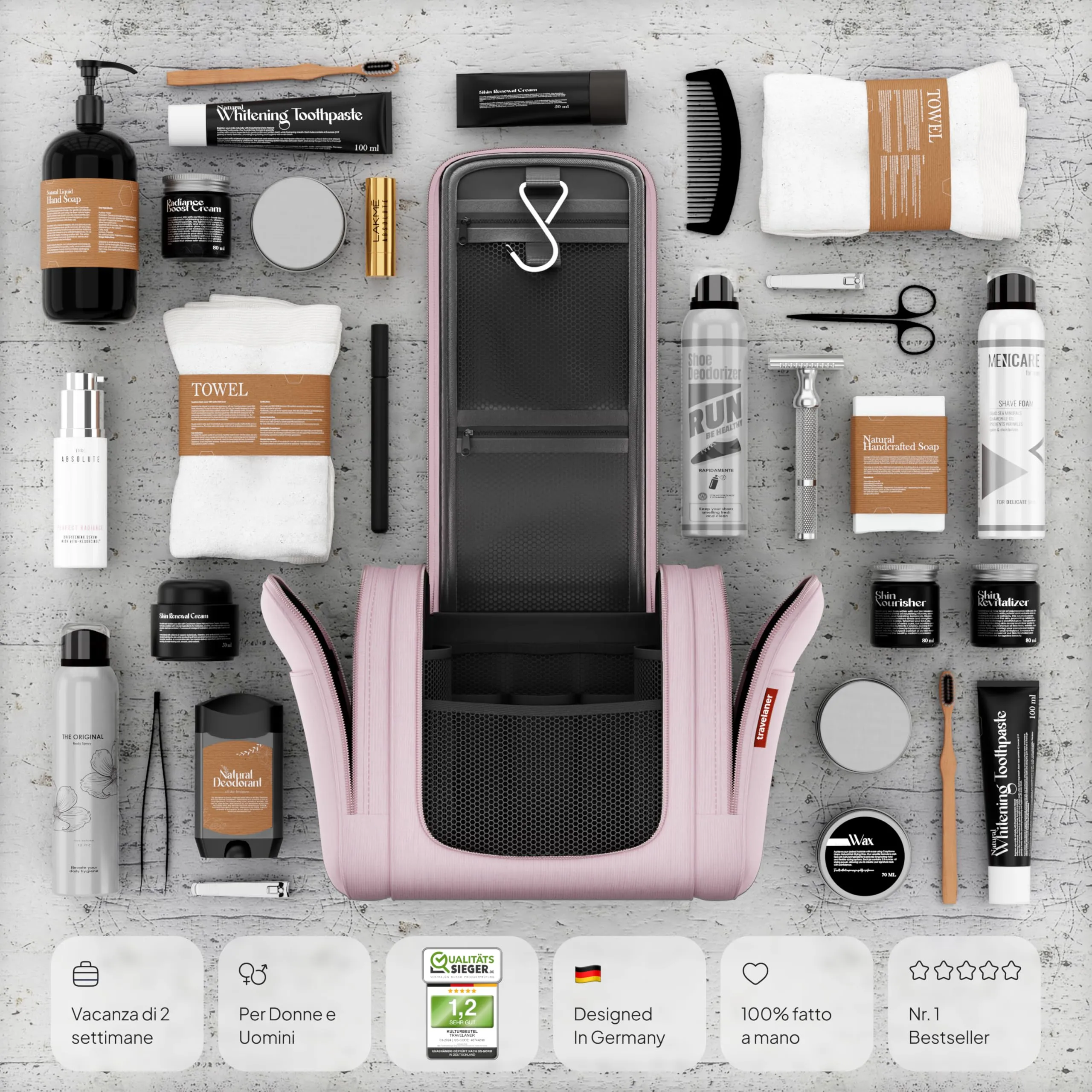 Travelaner Beauty Case XXL da Appendere, Donna e Uomo, 9L, Pizzo Rosa - immagine 6