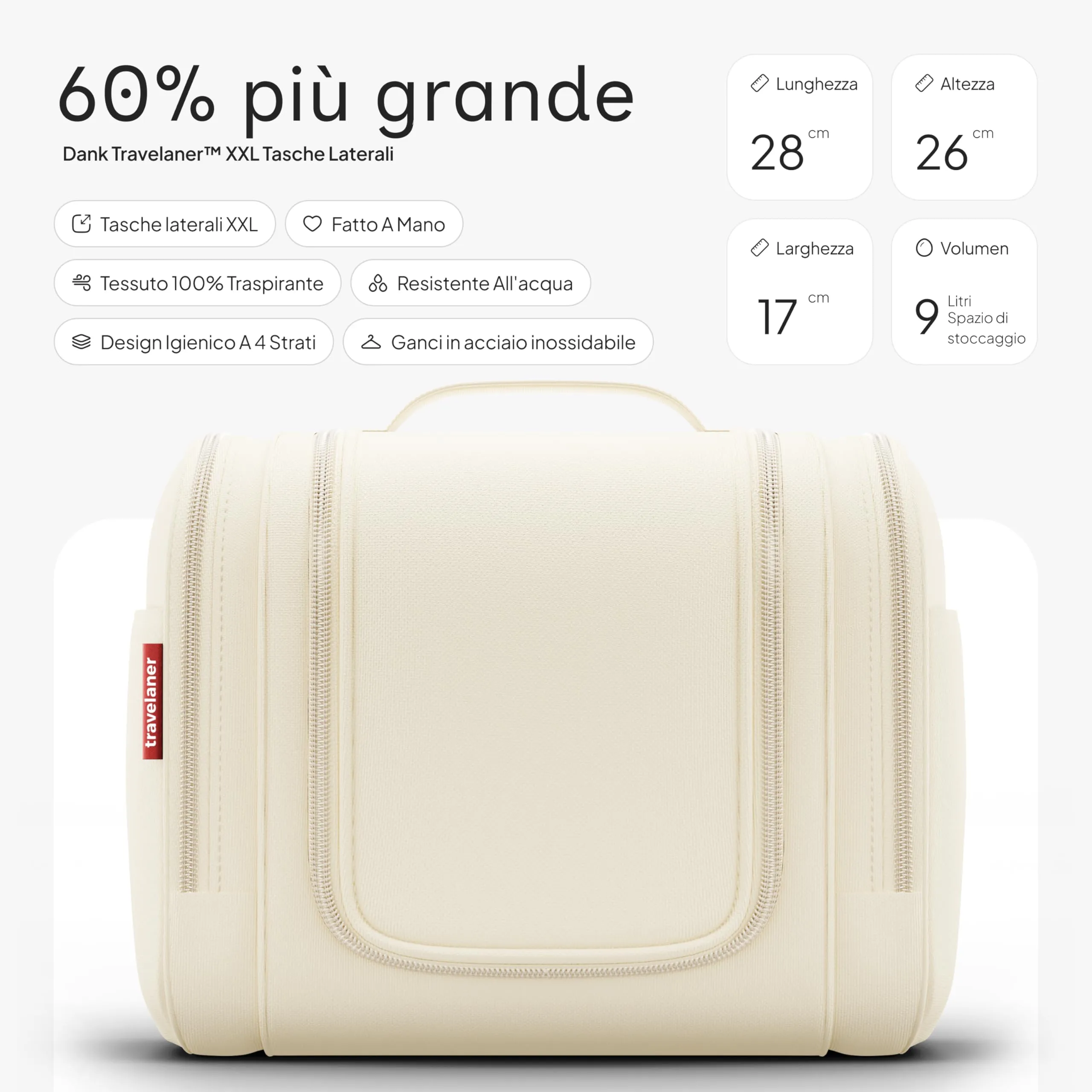 Travelaner Beauty Case XXL da Appendere, Donna e Uomo, 9L, Beige Crema - immagine 2