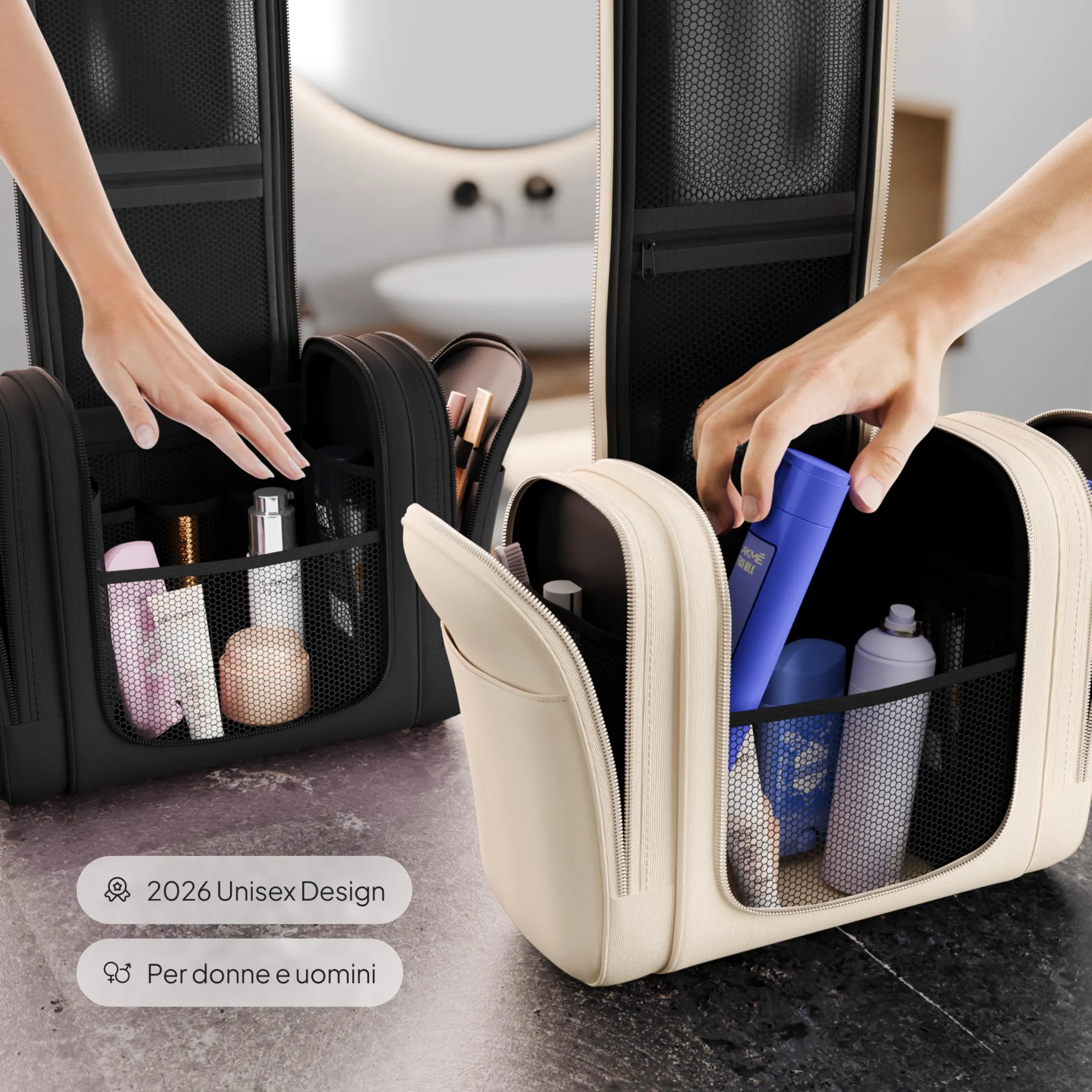 Travelaner Beauty Case XXL da Appendere, Donna e Uomo, 9L, Beige Crema - immagine 4