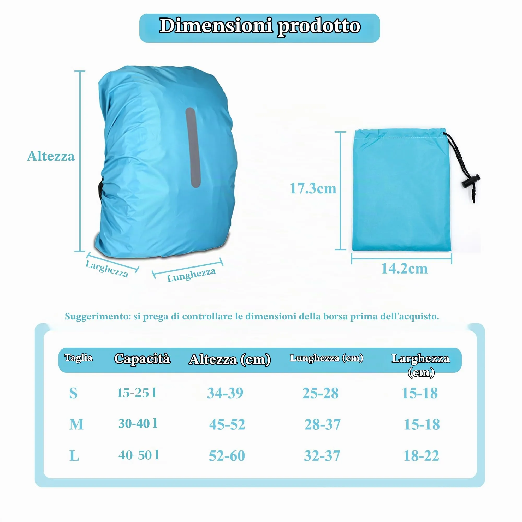 CiciIng Copertura Impermeabile dello Zaino con Riflettente, 15L-25L Copertura di Pioggia dello Zaino con Sacchetto di stoccaggio, Copertura Impermeabile dello Zaino per Il Campeggio Escursionistico - immagine 2