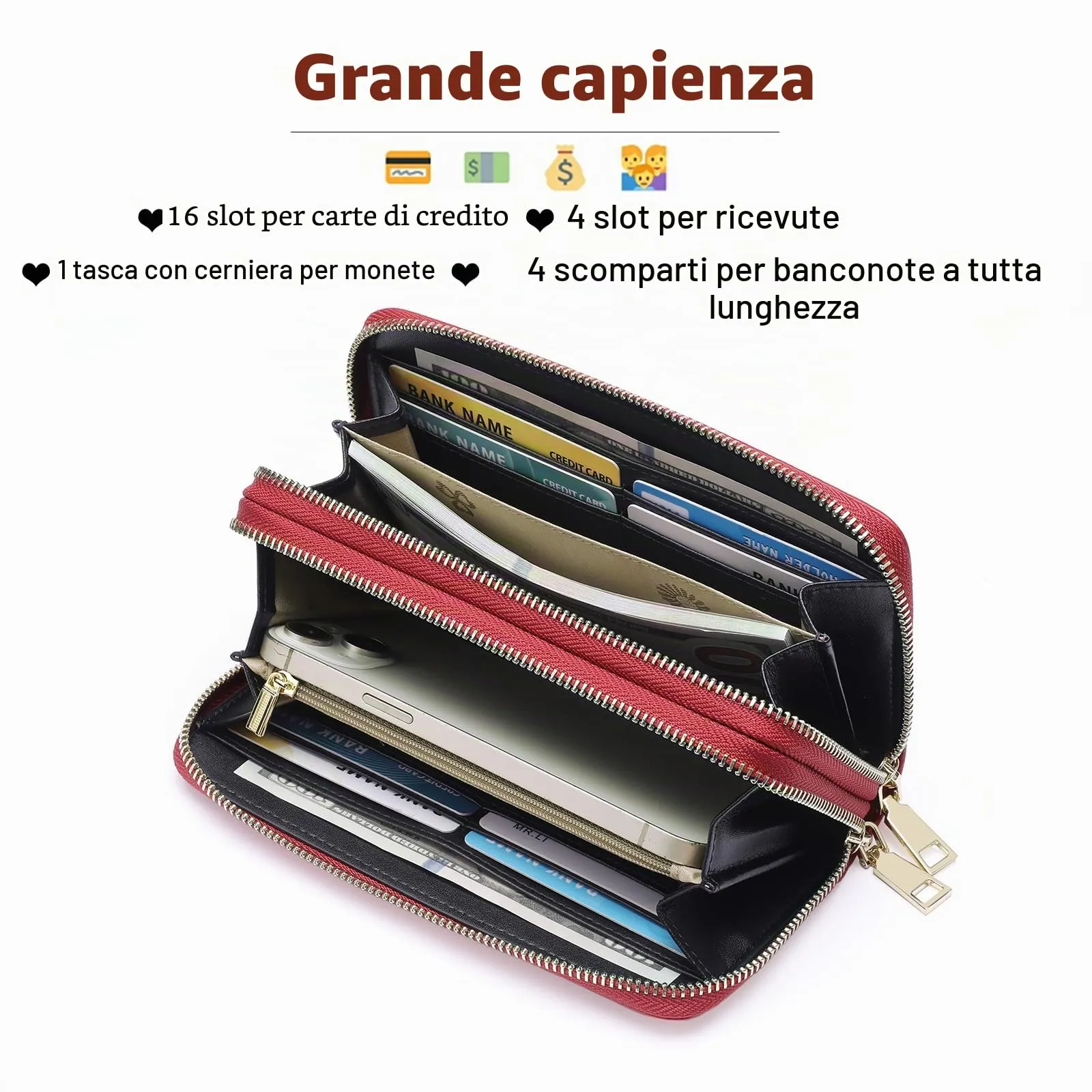 GOIACII Portafoglio Donna Grande Capacità Doppia Cerniera Porta Carta di Credito Portafogli da Donna in Pelle con Blocco RFID Telefono Wristlet - immagine 3