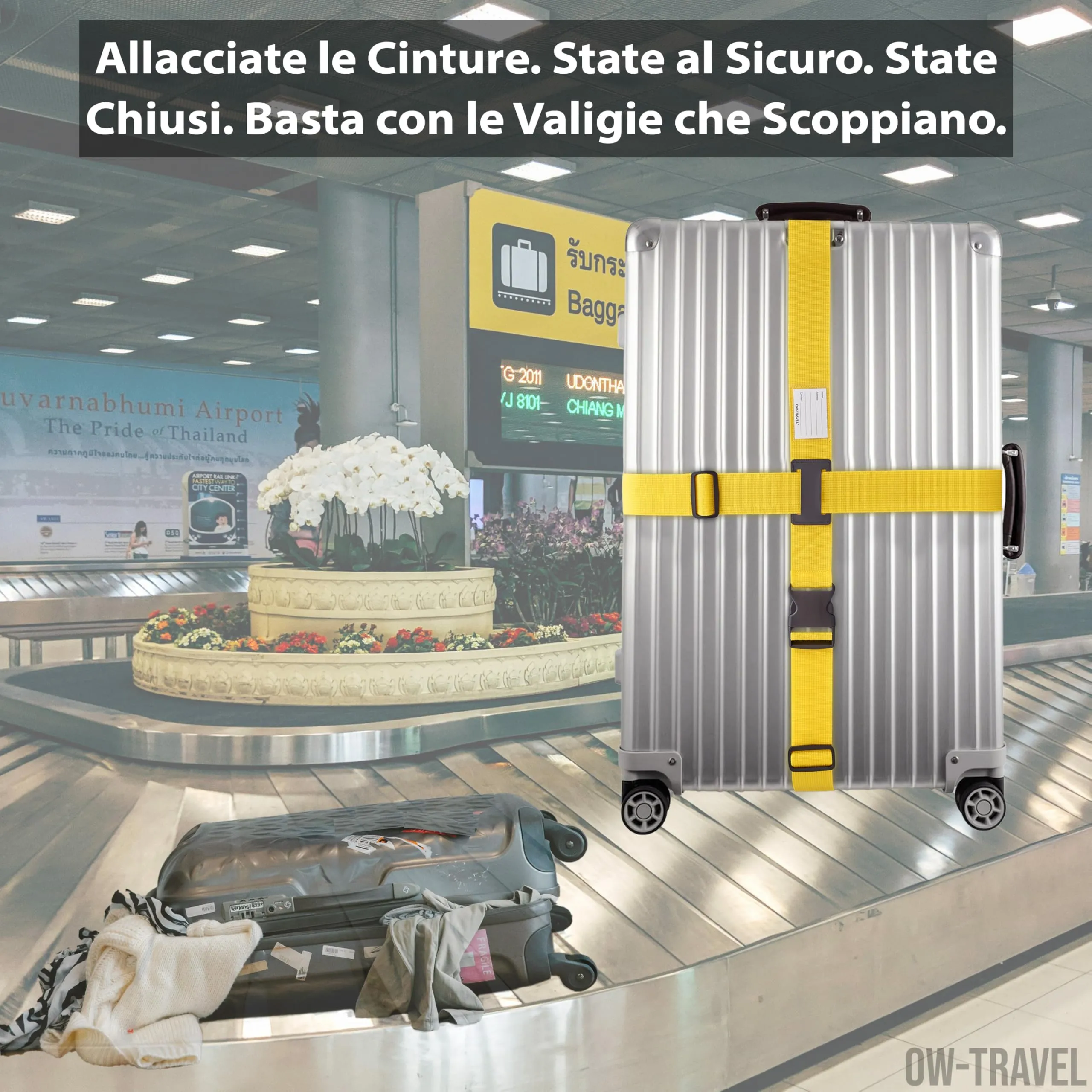 OW-Travel Cinghia per Valigia a Croce, Cintura Valigia Bagagli Giallo - immagine 3