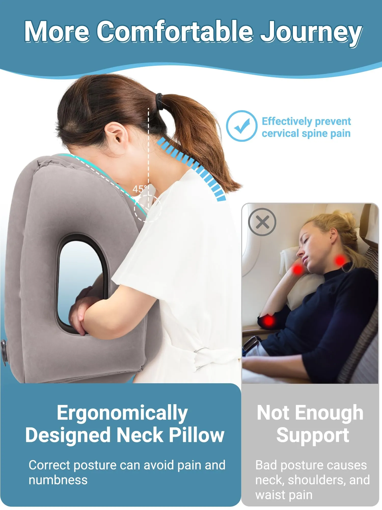 Maliton Cuscino da Viaggio Gonfiabile, Dormire Comodamente per Alleviare i Dolori al Collo e Alle Spalle, Cuscino Aereo per Voli Lunghi, Usato per Aerei, Auto, Treni, Ufficio(Grigio) - immagine 3