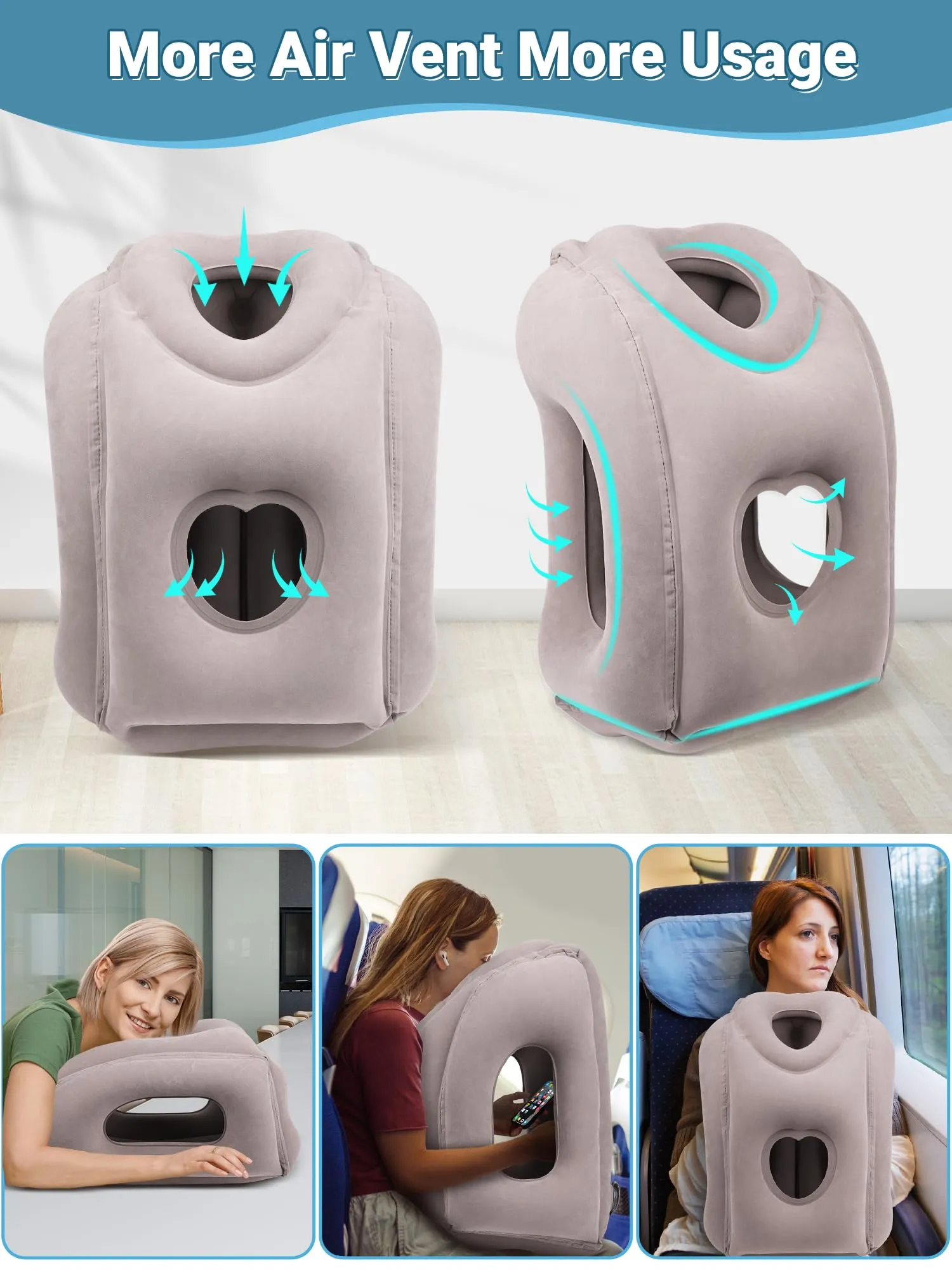 Maliton Cuscino da Viaggio Gonfiabile, Dormire Comodamente per Alleviare i Dolori al Collo e Alle Spalle, Cuscino Aereo per Voli Lunghi, Usato per Aerei, Auto, Treni, Ufficio(Grigio) - immagine 4