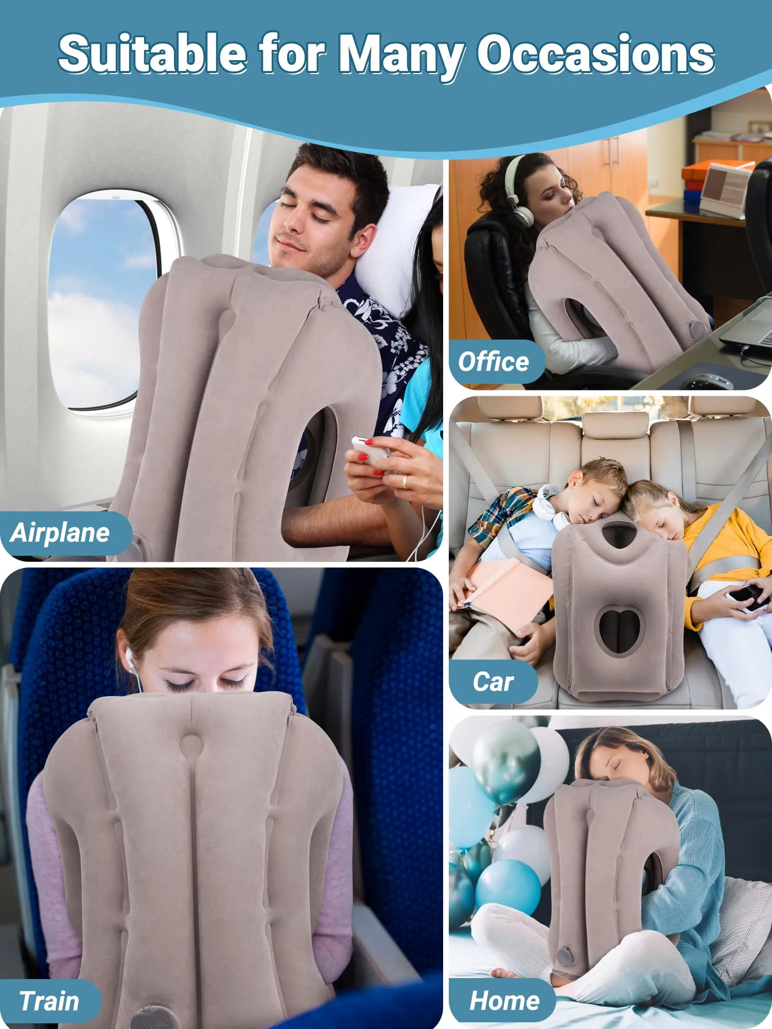 Maliton Cuscino da Viaggio Gonfiabile, Dormire Comodamente per Alleviare i Dolori al Collo e Alle Spalle, Cuscino Aereo per Voli Lunghi, Usato per Aerei, Auto, Treni, Ufficio(Grigio) - immagine 5