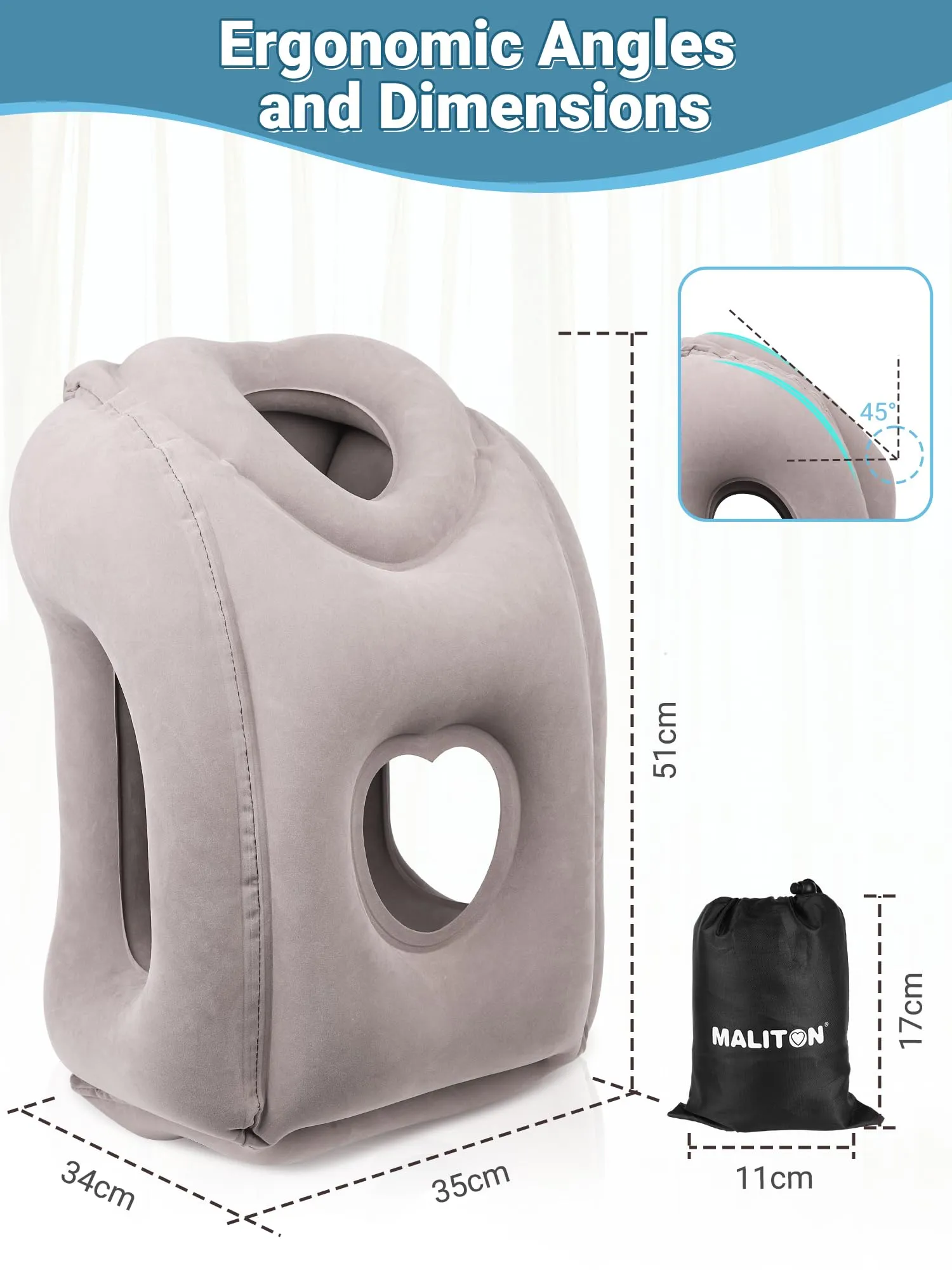 Maliton Cuscino da Viaggio Gonfiabile, Dormire Comodamente per Alleviare i Dolori al Collo e Alle Spalle, Cuscino Aereo per Voli Lunghi, Usato per Aerei, Auto, Treni, Ufficio(Grigio) - immagine 6