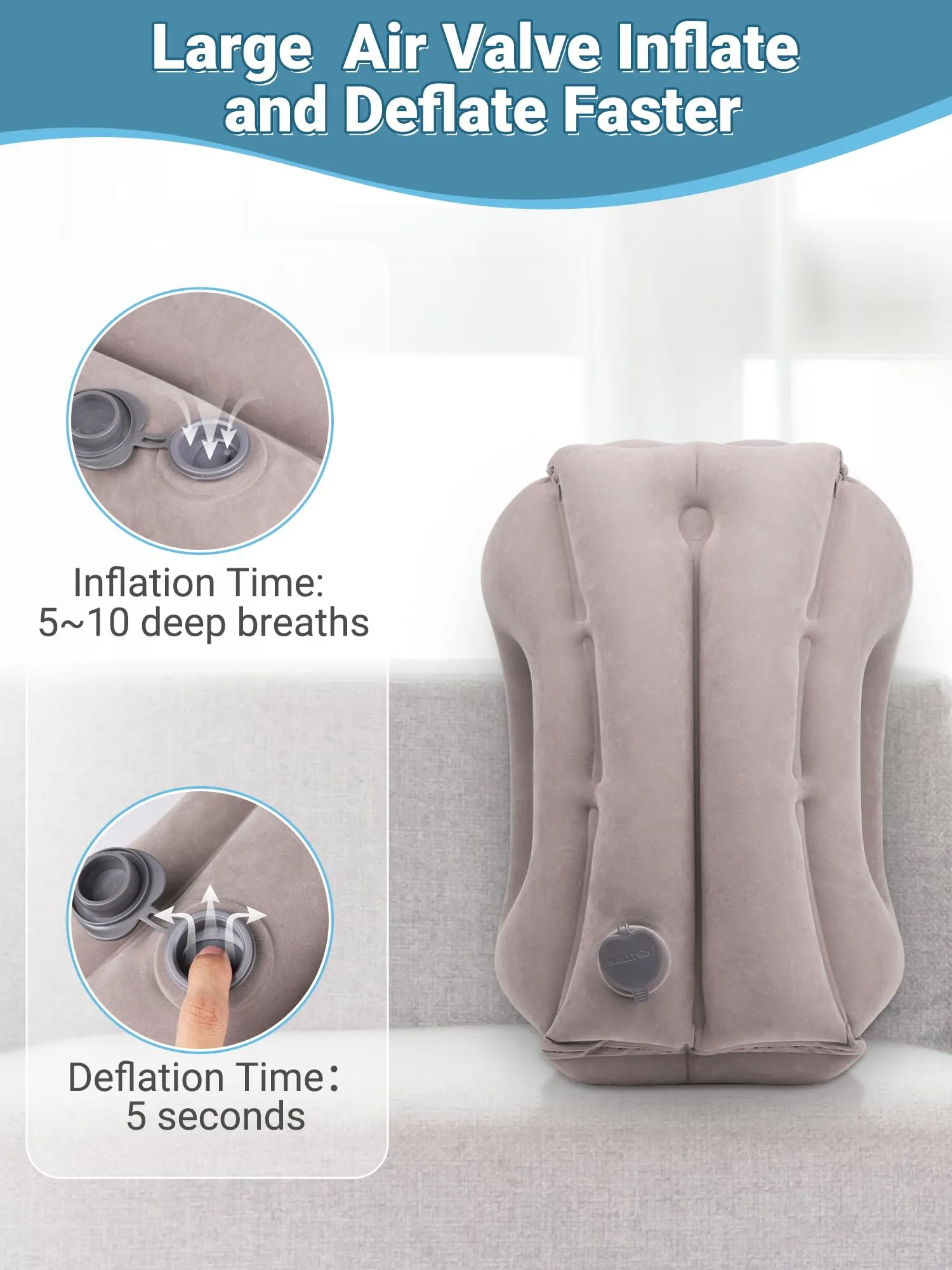 Maliton Cuscino da Viaggio Gonfiabile, Dormire Comodamente per Alleviare i Dolori al Collo e Alle Spalle, Cuscino Aereo per Voli Lunghi, Usato per Aerei, Auto, Treni, Ufficio(Grigio) - immagine 7