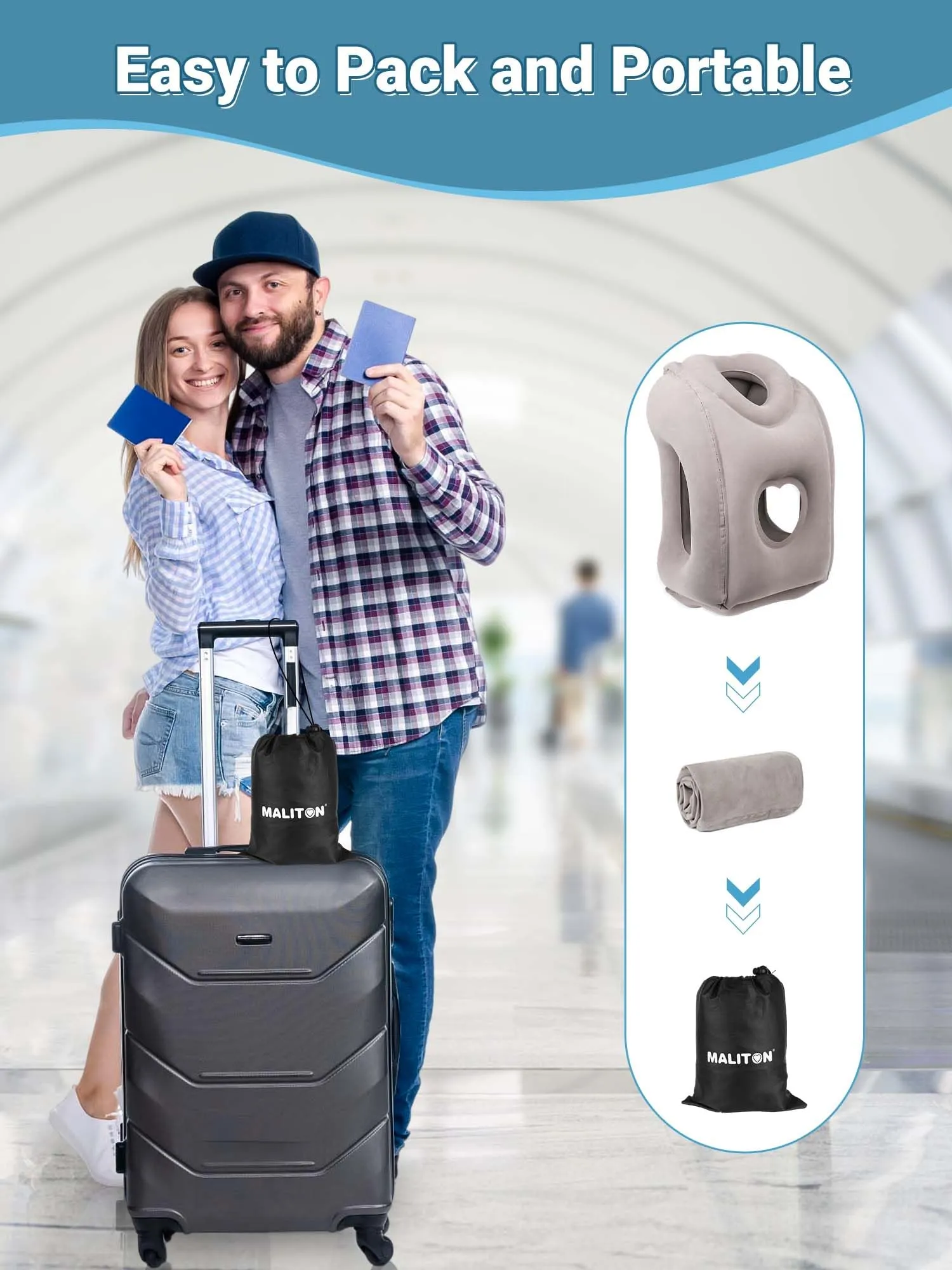 Maliton Cuscino da Viaggio Gonfiabile, Dormire Comodamente per Alleviare i Dolori al Collo e Alle Spalle, Cuscino Aereo per Voli Lunghi, Usato per Aerei, Auto, Treni, Ufficio(Grigio) - immagine 8